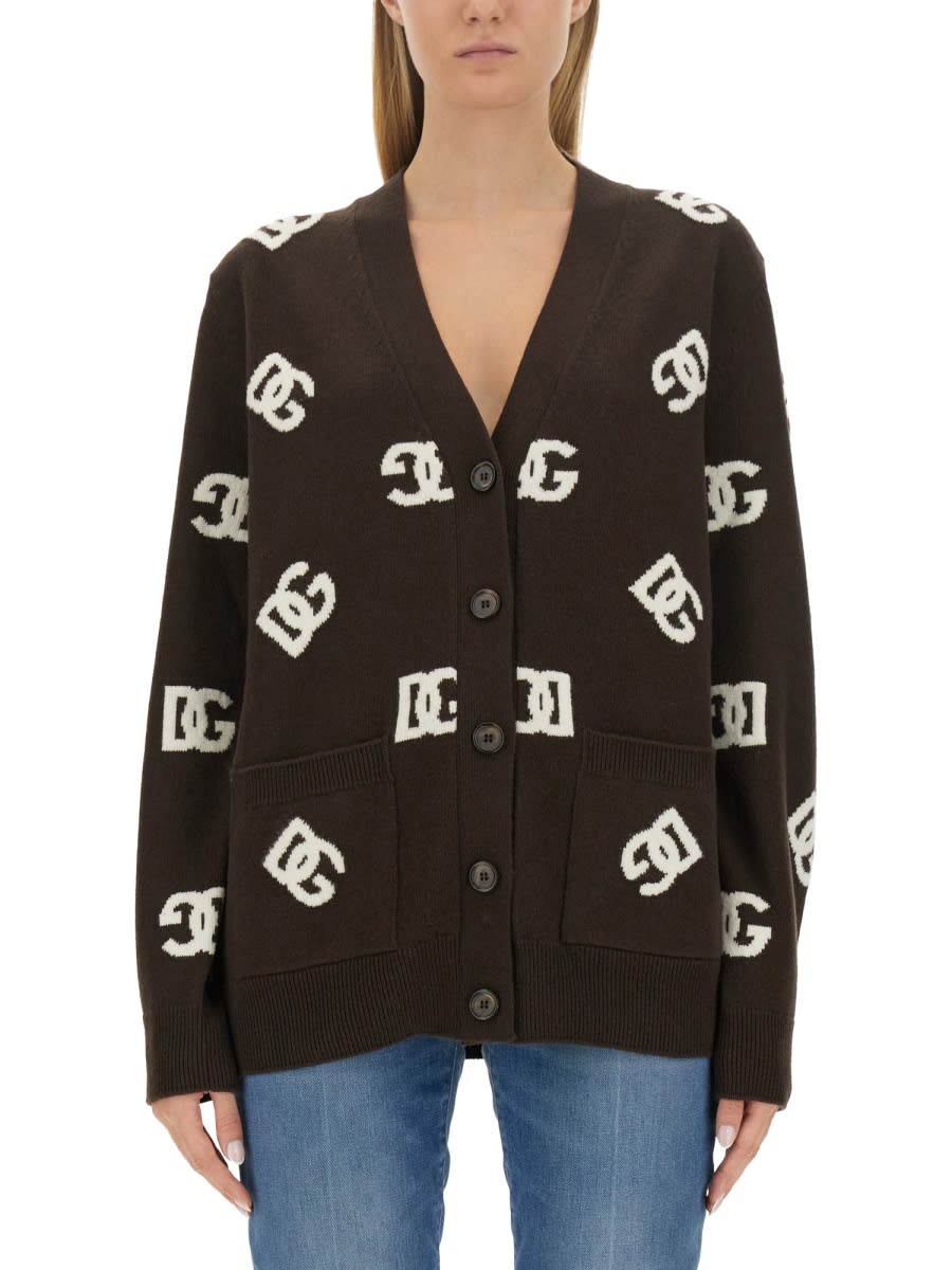 Dolce & Gabbana Cardigan With Logo Inlay In Brown