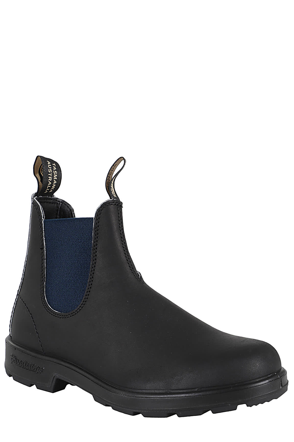 Blundstone Black Leather Boot With Blue Elastic Side Panels In Black Navy