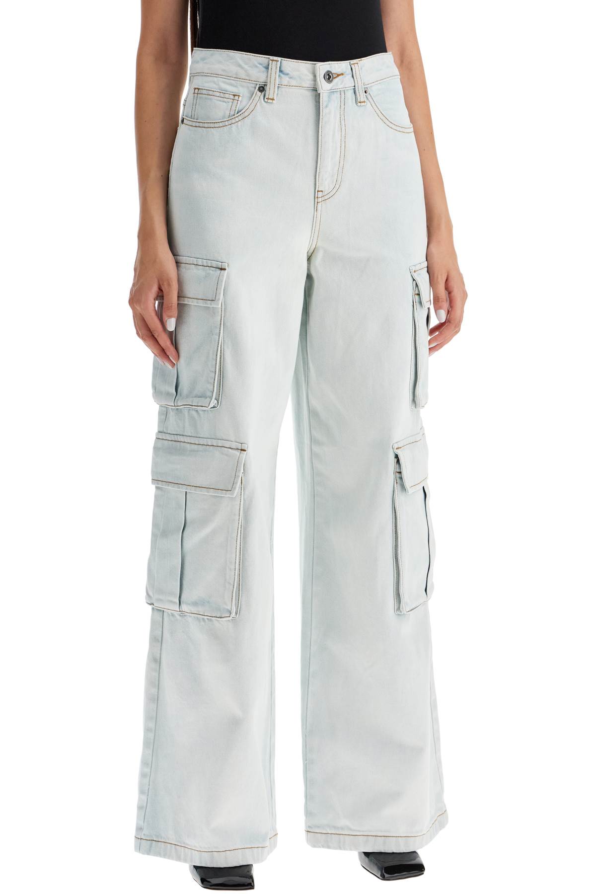 Shop Self-portrait Washed Denim Cargo Jeans In In White (blue)