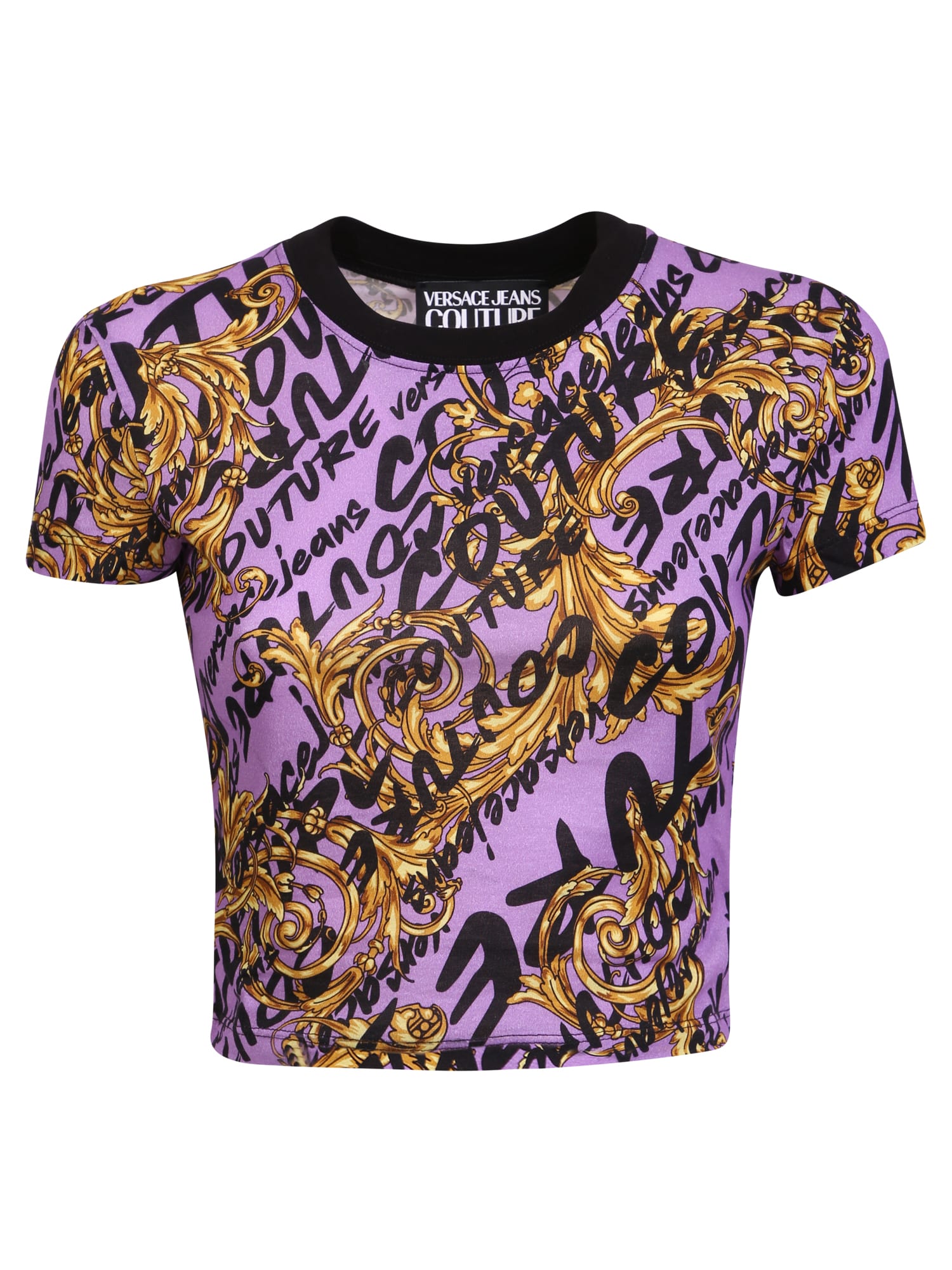 Versace Jeans Couture Cropped T-shirt With Baroque Print Purple