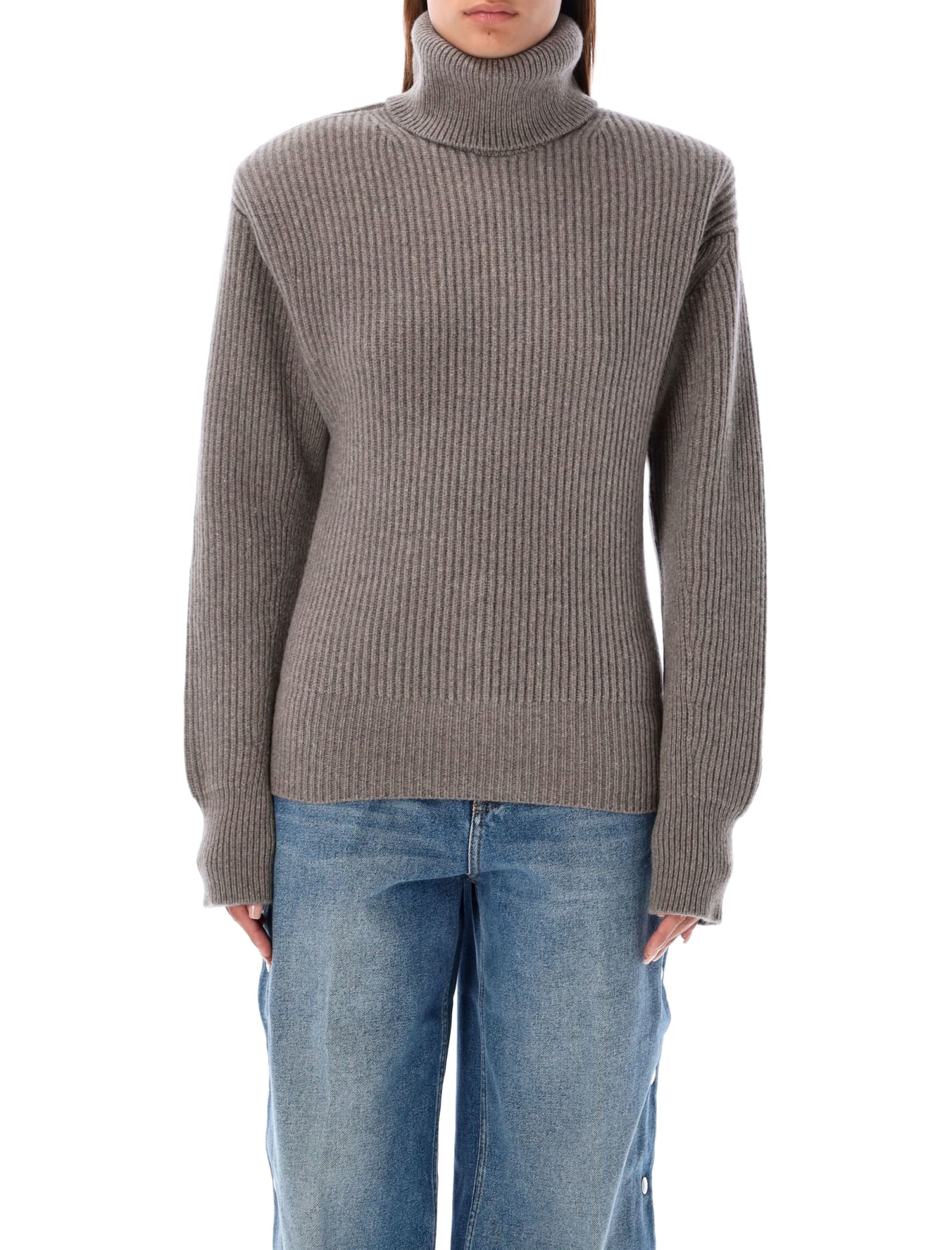 Shop Stella Mccartney High Neck Cashmere Sweater In Taupe