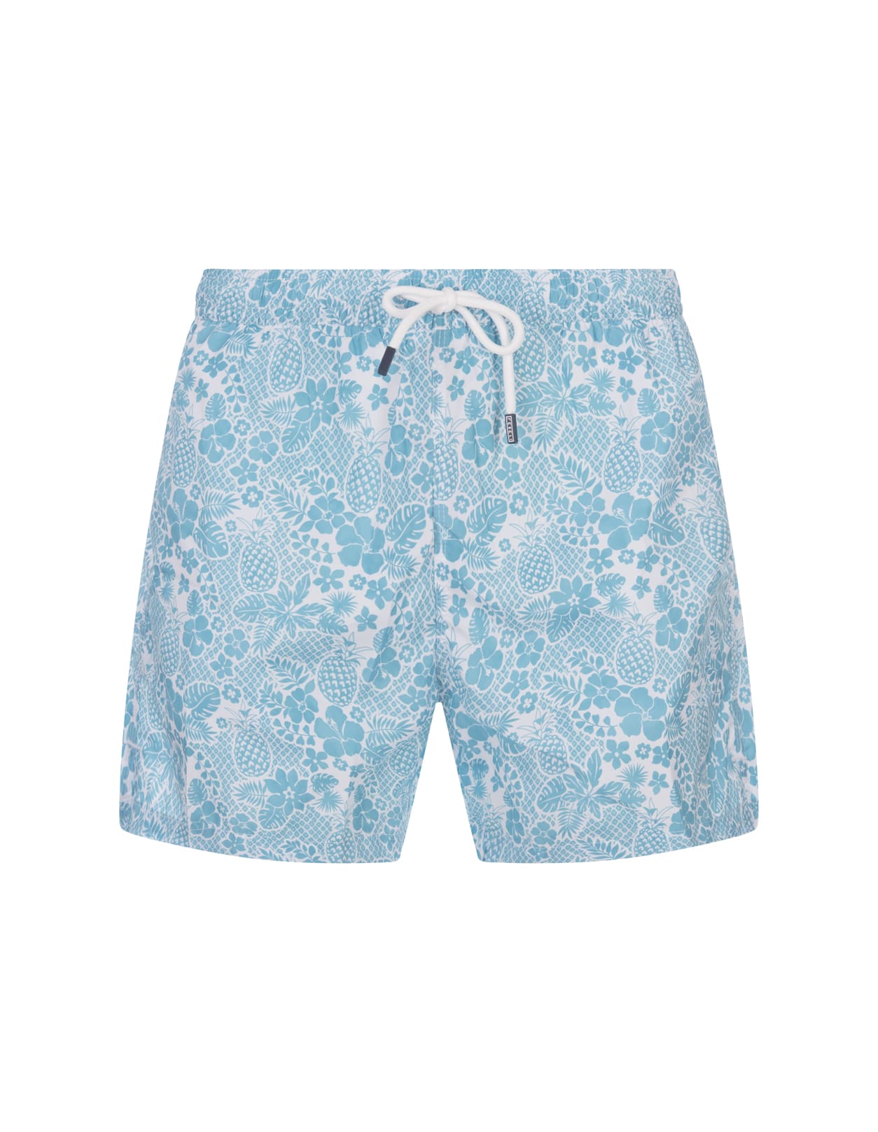 Shop Fedeli Sky Blue Swim Shorts With Tropical Pattern