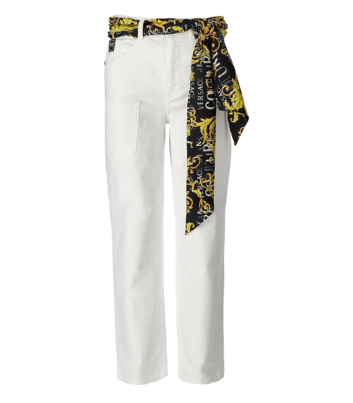 Versace Jeans Couture Scarf-detail Straight-leg Jeans In Bianco