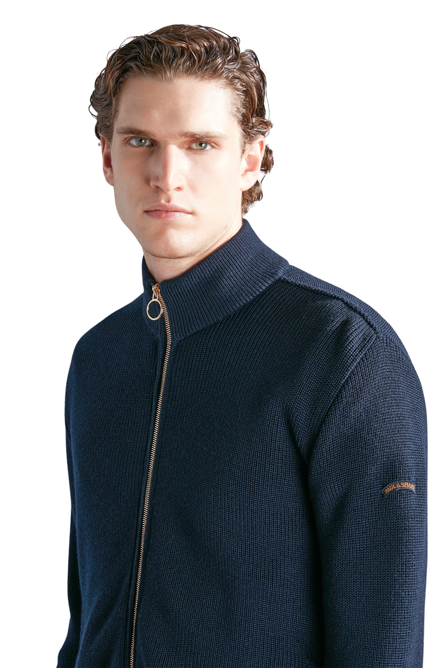 Shop Paul&amp;shark Full Zip Sweater With Moon Badge In Blue