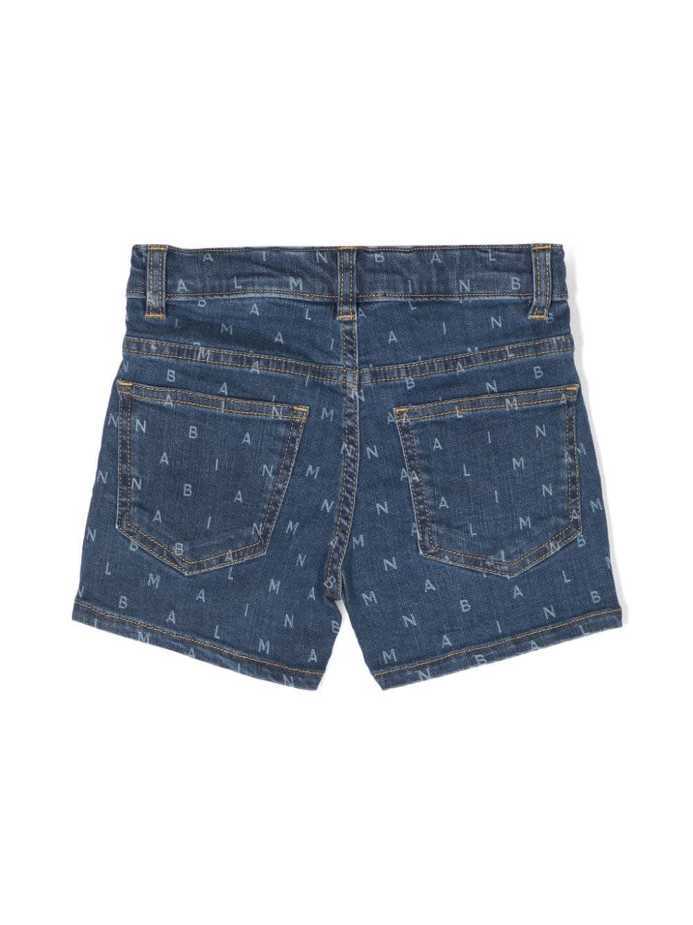 Shop Balmain Denim Shorts With All-over Logo In Blue