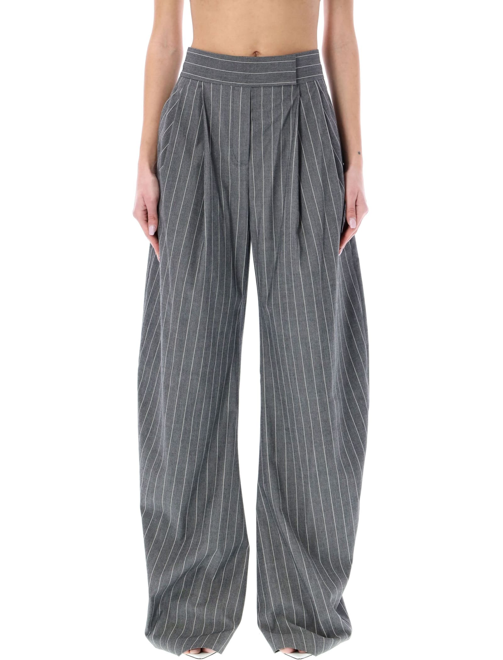 Attico Pinstriped Wide-leg Tailored Trousers In Grey White