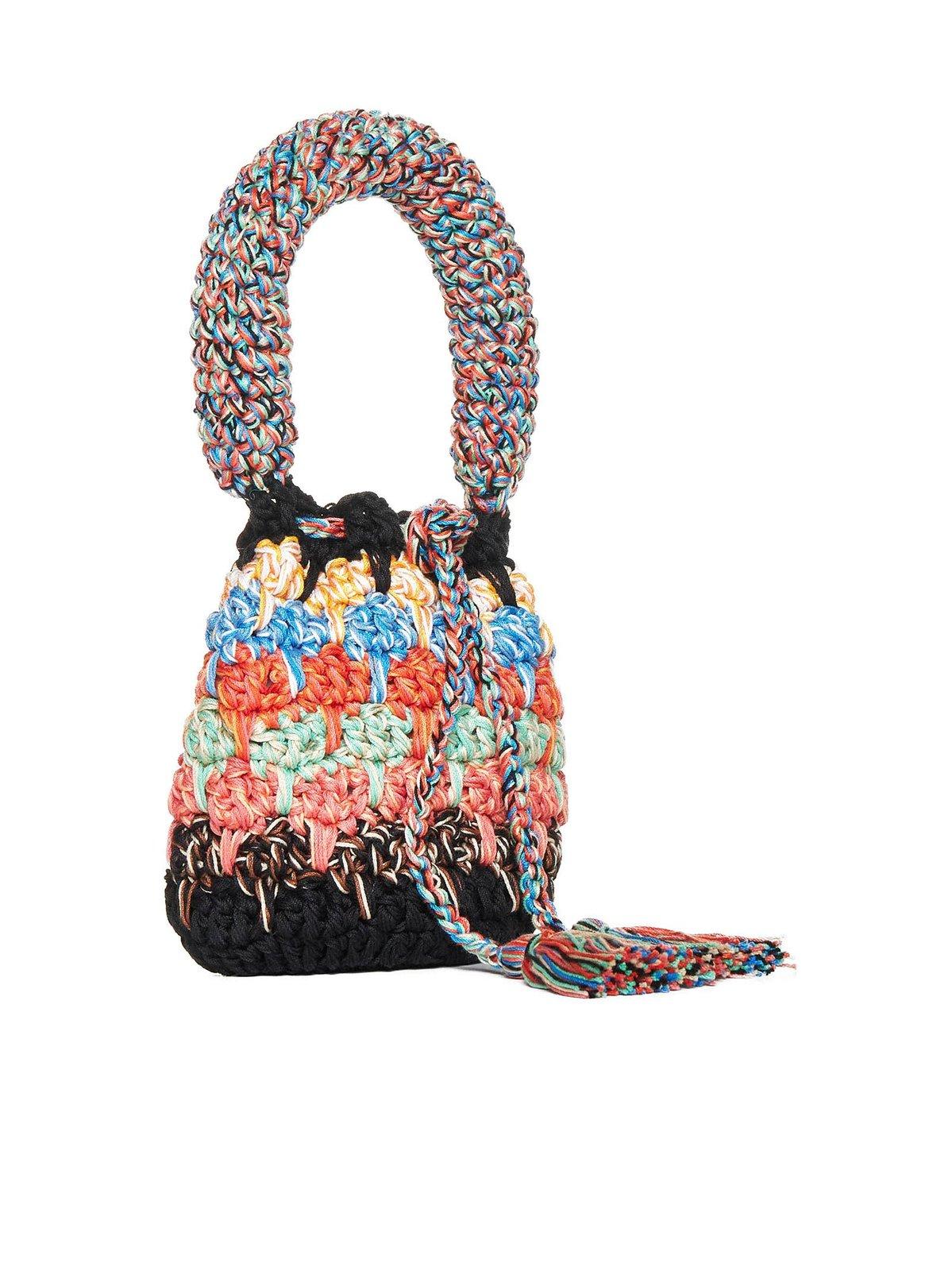 Shop Alanui Crochet Knitted Drawstring Bucket Bag In Black