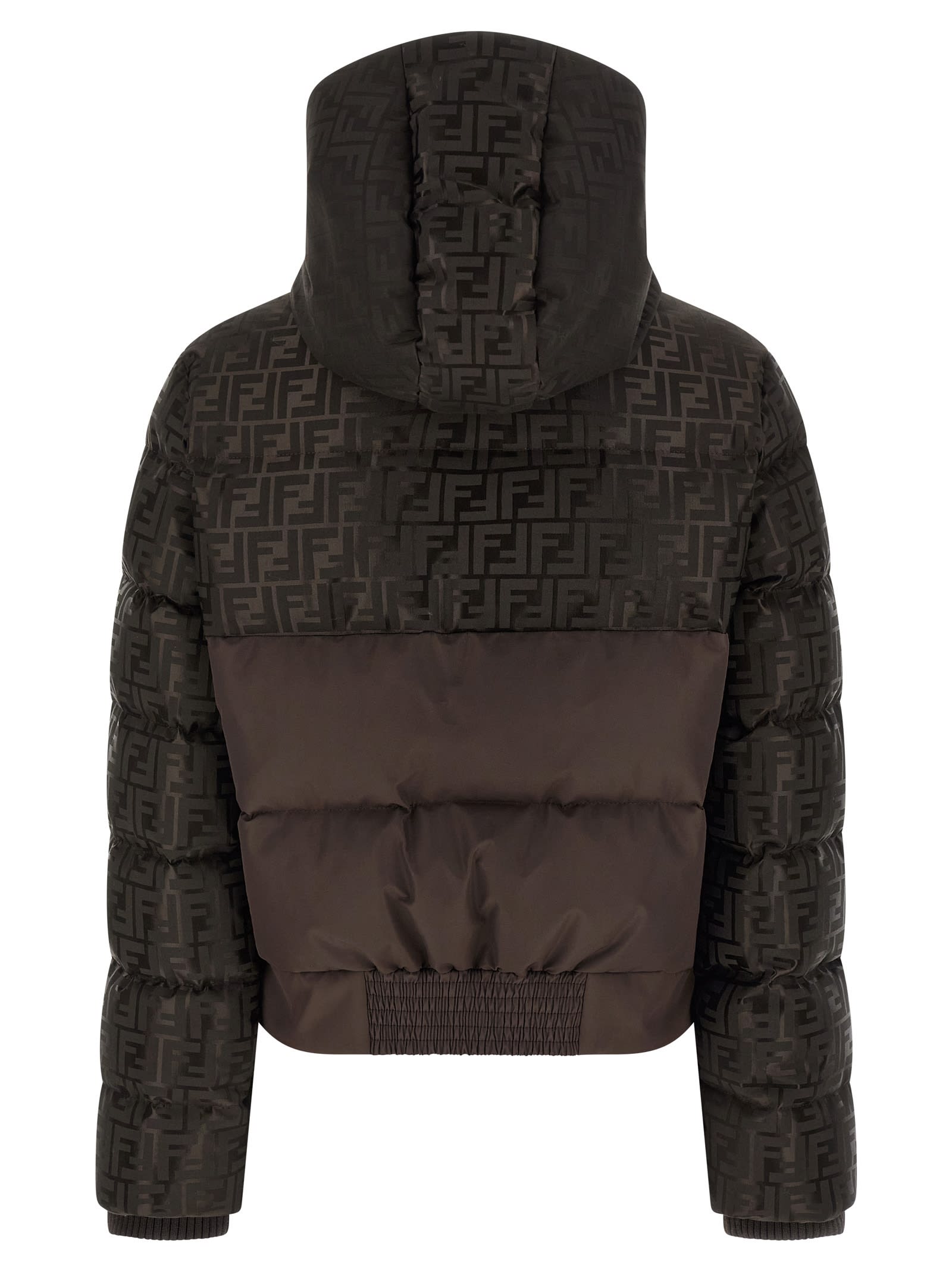 Fendi Women Brown Down Jacket With Drawstring Hood And Ff Motif In Tech Fabric Woman In Brown