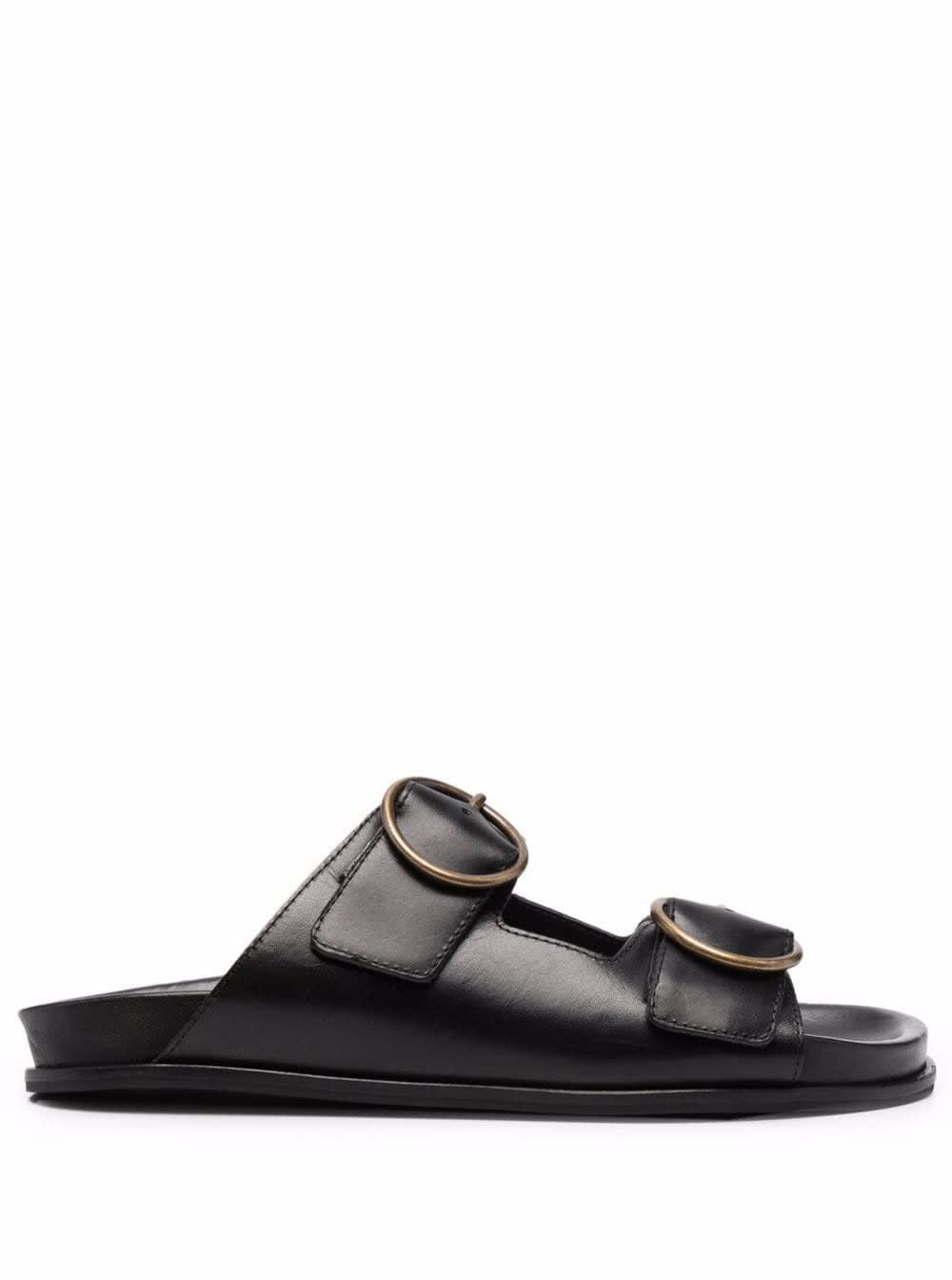 TwinSet Twin Set Womans Black Leather Slide Sandals With Buckles