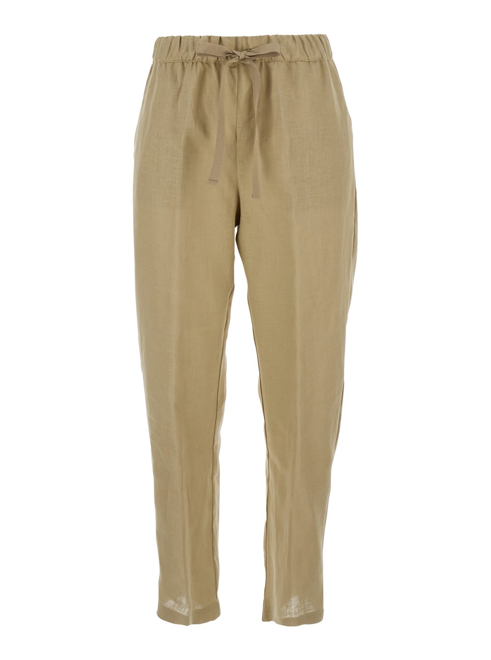 Beige Pants With Elastic Waist With Drawstring In Linen Woman