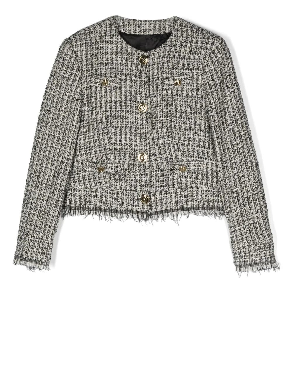 Balmain Kids Blazer In Black And Ivory Tweed With Gold Embossed Buttons