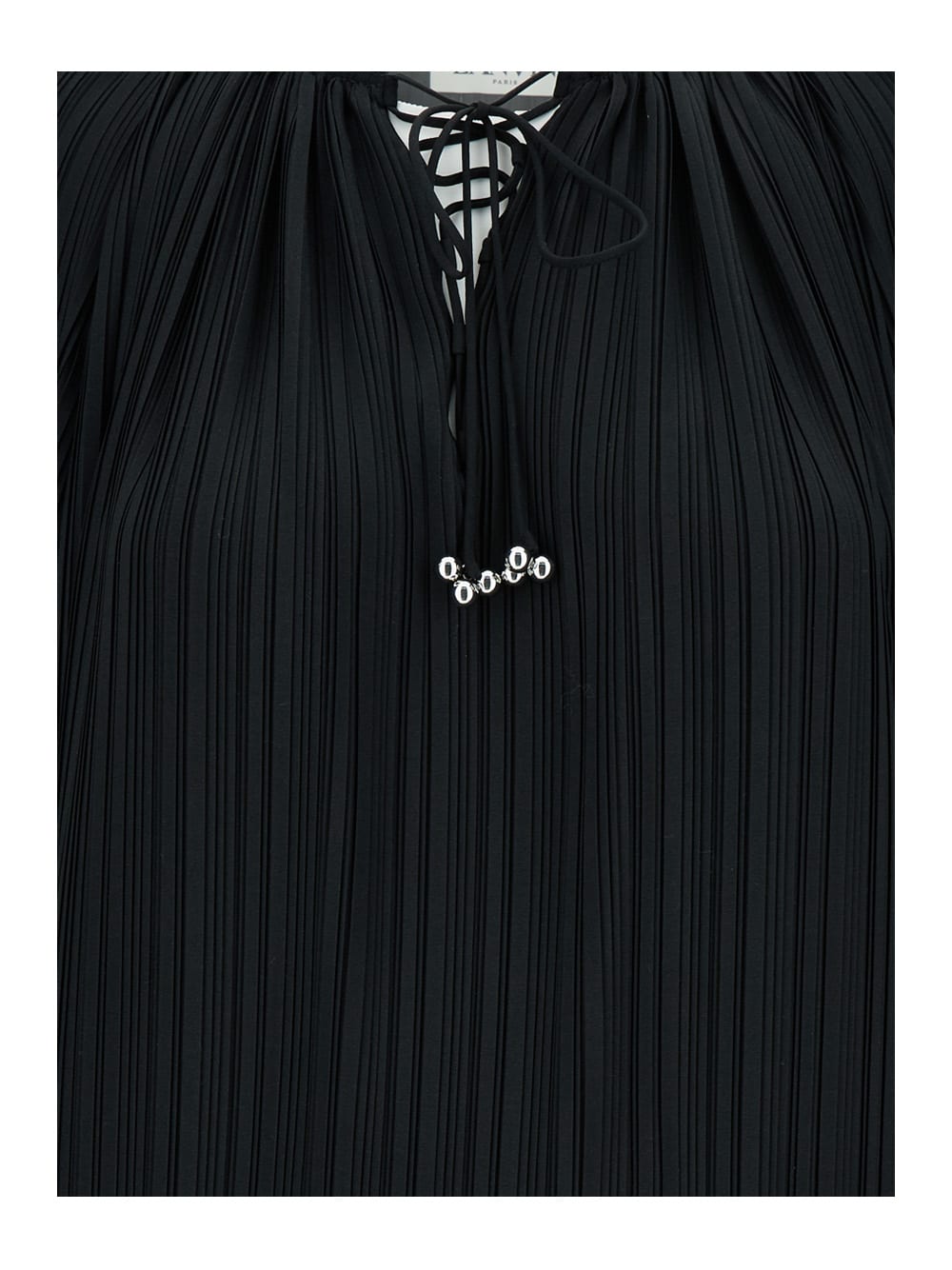 Shop Lanvin Long Sleeve Pleated Blouse Open Neck In Black