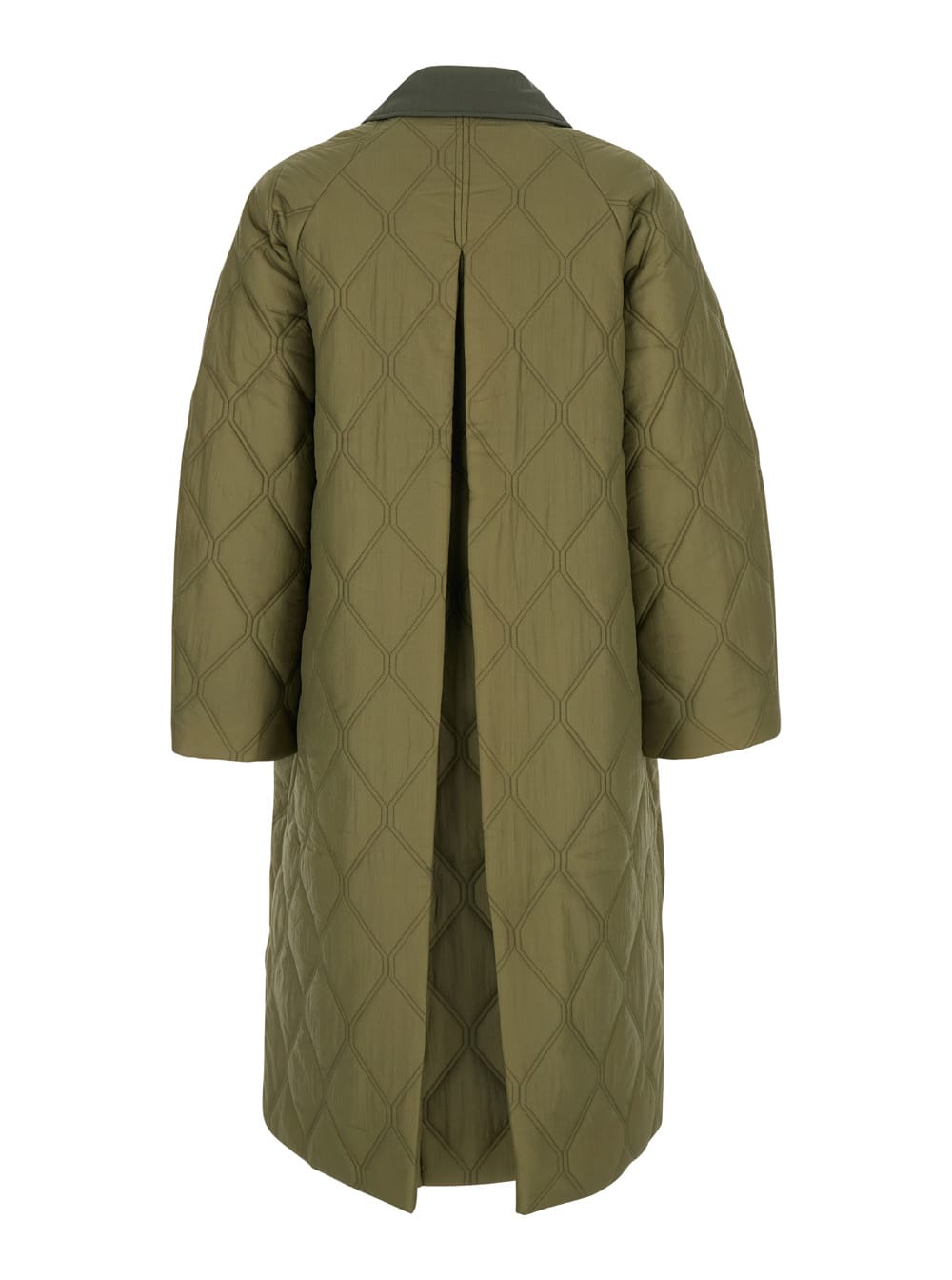 Shop Ganni Midi Green Quilted Coat In Recycled Fabric Woman