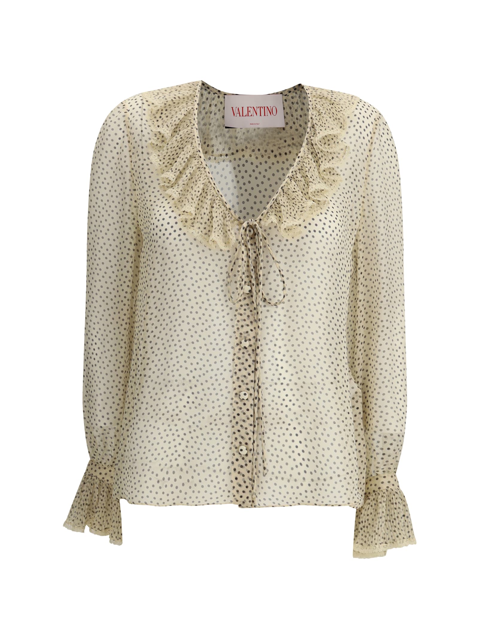 Valentino Lace-trimmed Ruffled Polka-dot Silk-chiffon Blouse