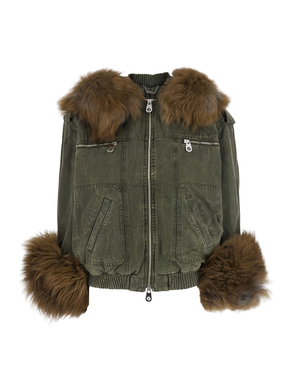 Blumarine Green Jacket With Removable Fur Details In Cotton Woman In Green