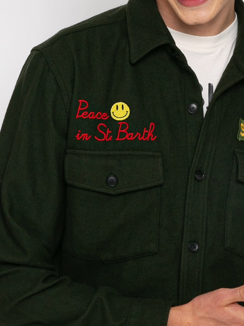 Mc2 Saint Barth Moleskin Overshirt With Peace In St. Barth Embroidery In Green
