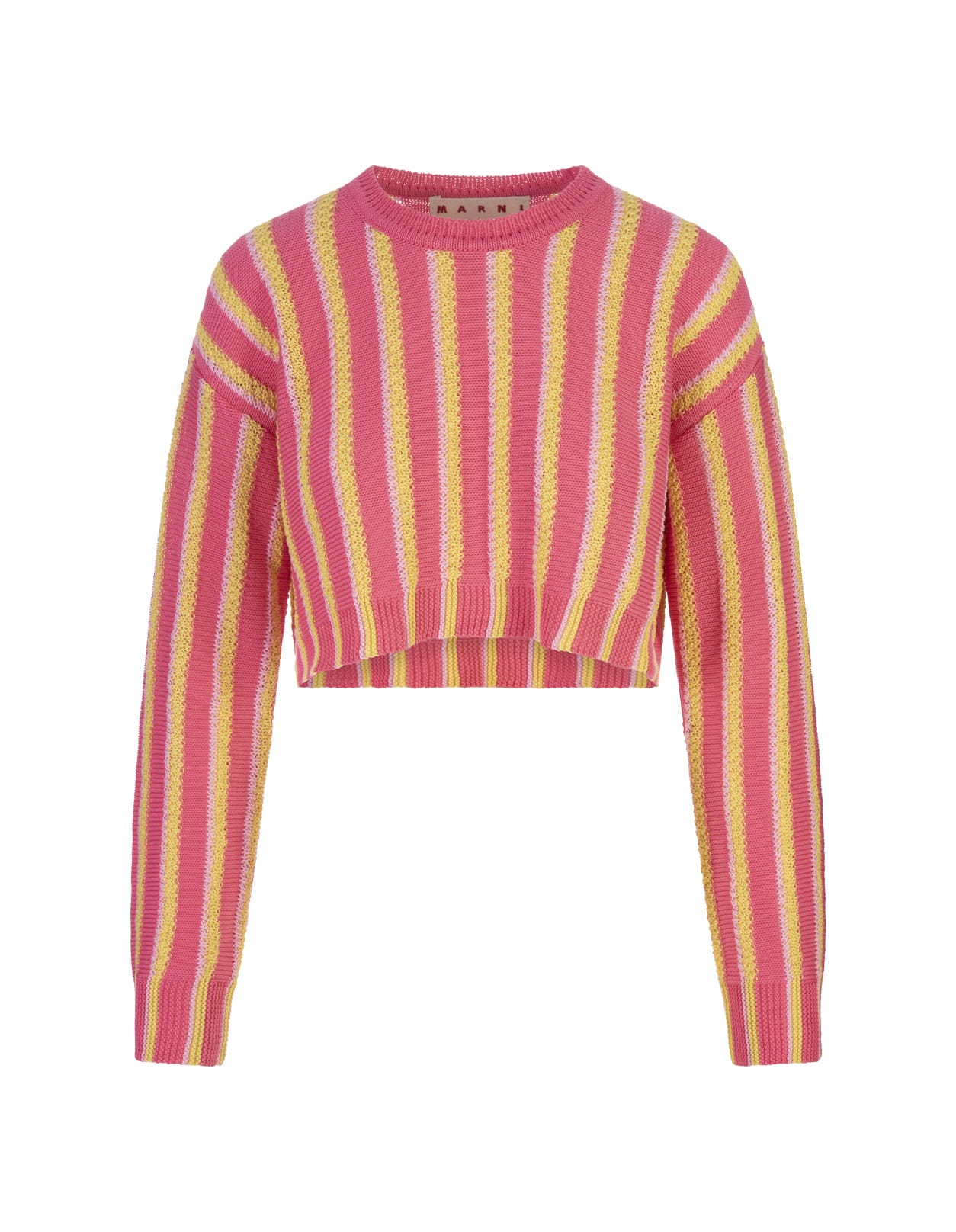 Shop Marni Pink, Yellow And White Striped Knitted Crop Pullover