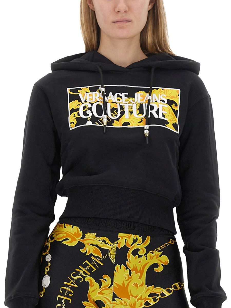 Shop Versace Jeans Couture Cropped Sweatshirt With Logo In Black