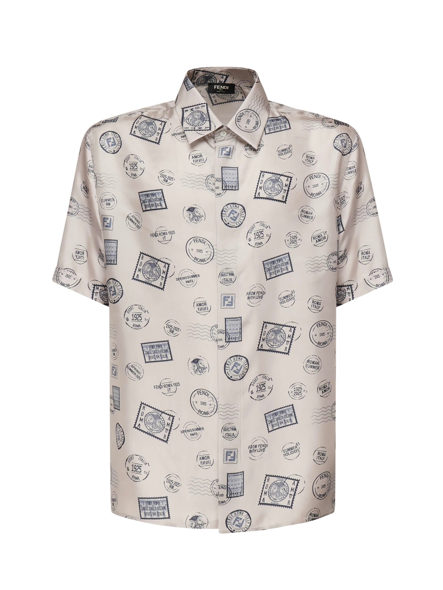 Fendi Postage Stamp-print Silk Shirt In White