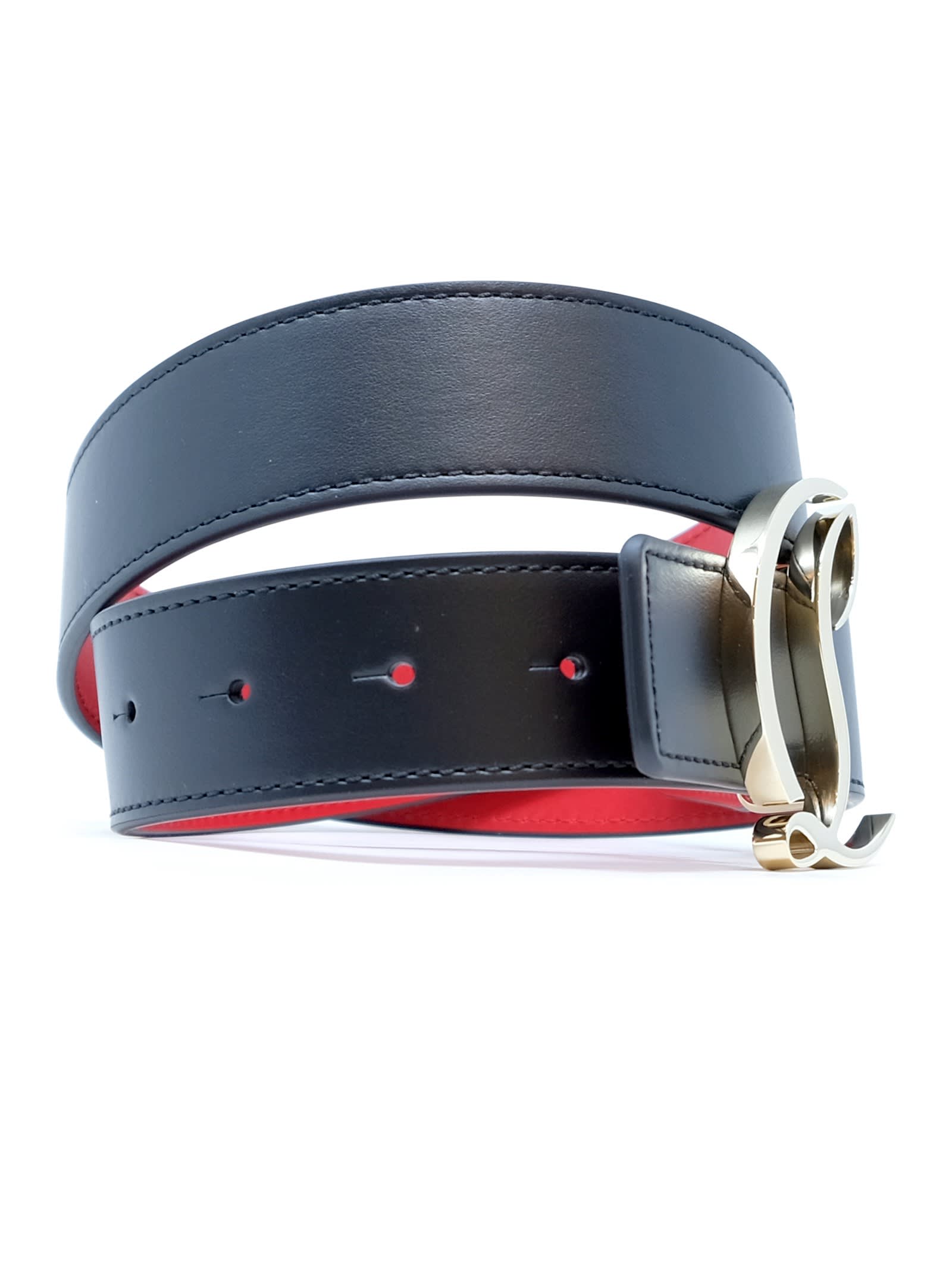 Christian Louboutin Black Gold Calf Paris Leather Metal W Cl Logo 35 Belt In Blue