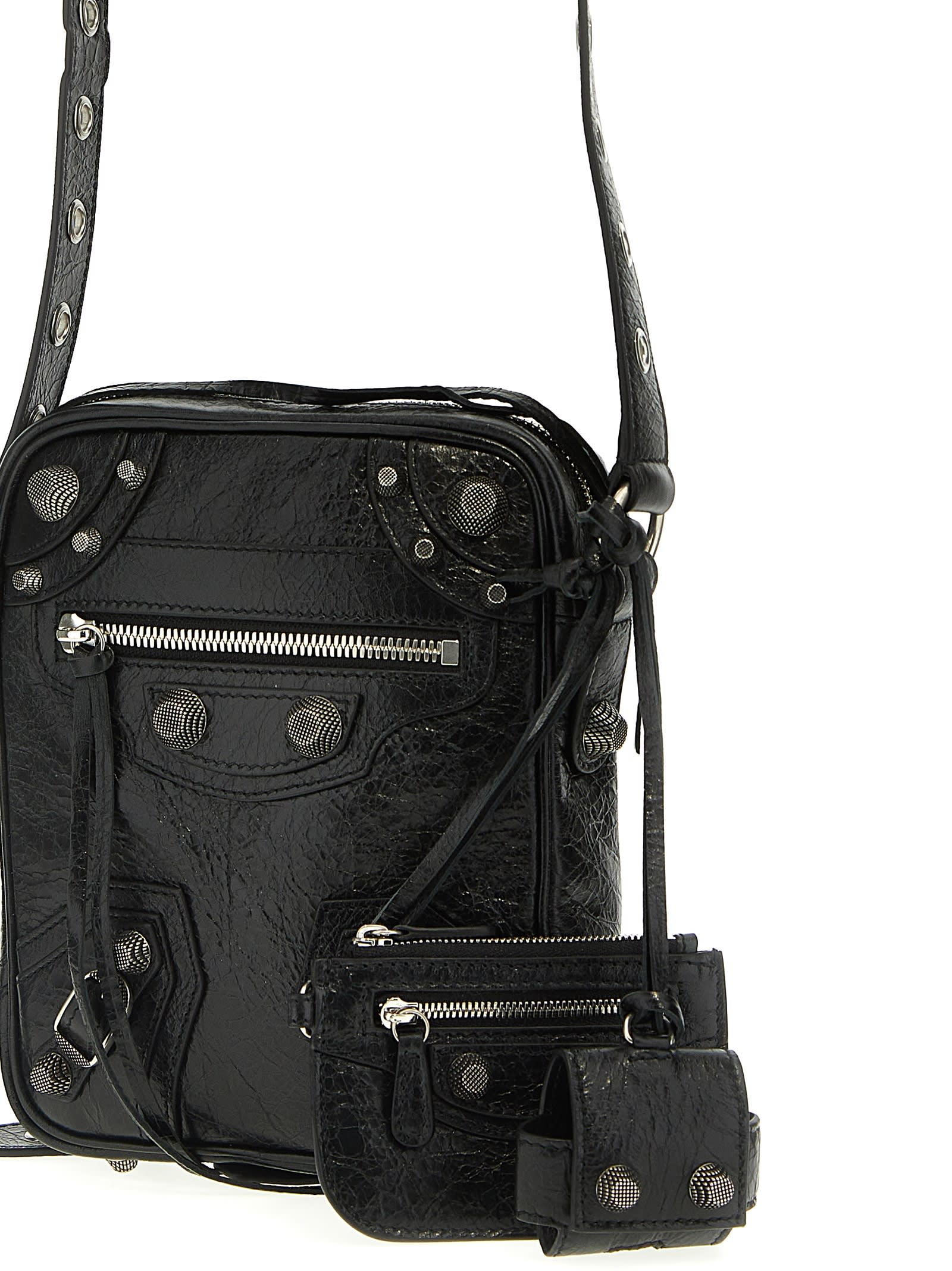 Balenciaga Le Cagole Embellished Textured-leather Messenger Bag In Black