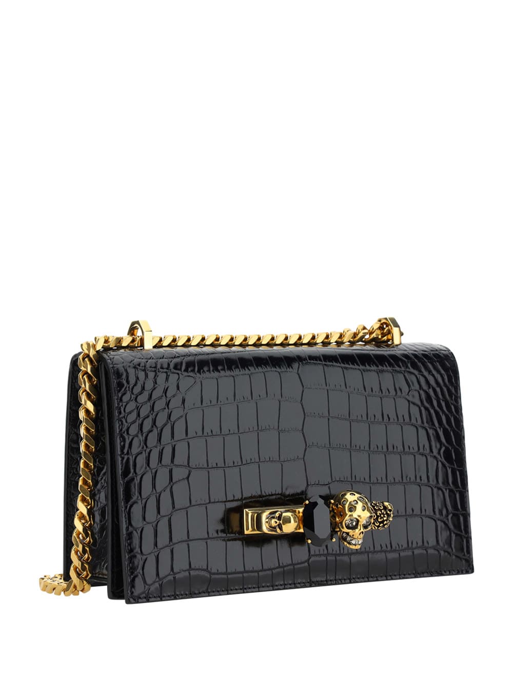 Alexander Mcqueen Black And Golden Jewelled Satchel Bag In Nero
