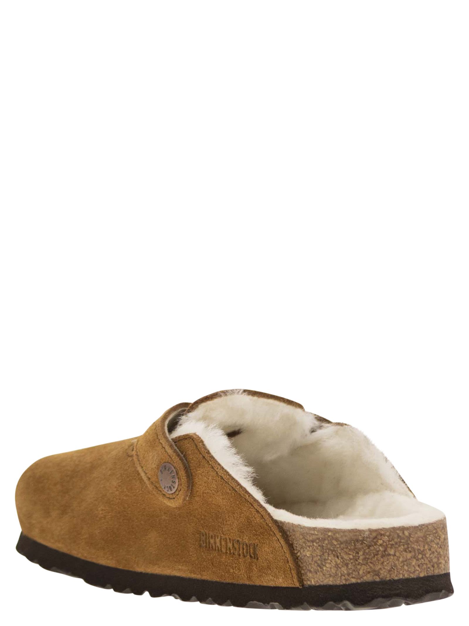 Birkenstock Boston Suede Mule With Fur Lining Shoes In Brown