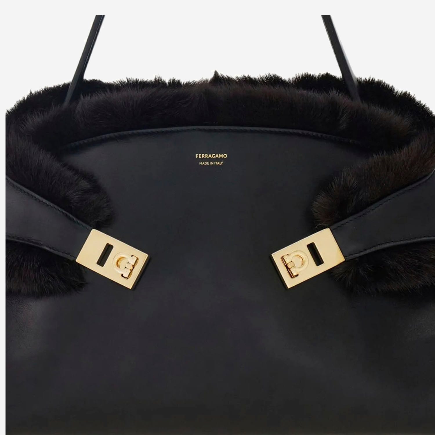 Ferragamo Hug Shearling-trimmed Leather Shoulder Bag In Black