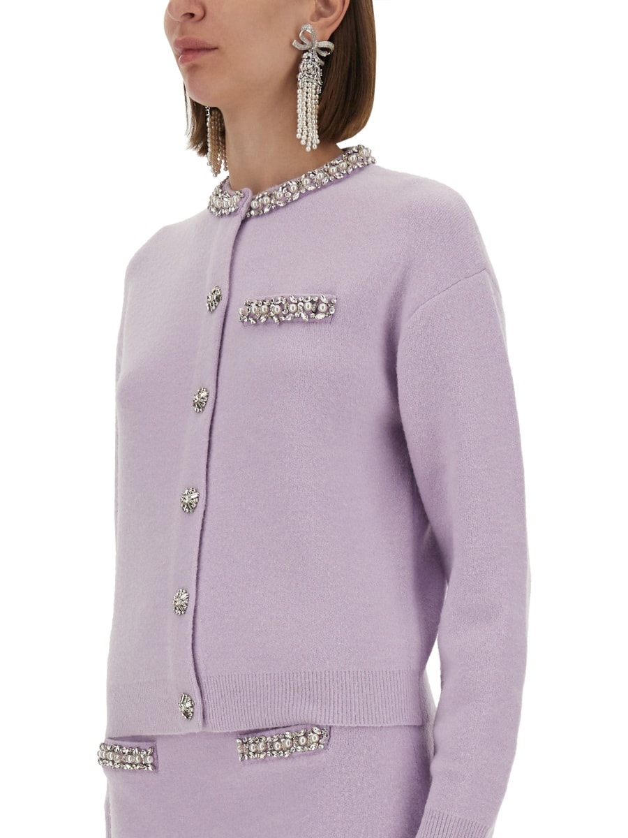 Self-portrait Embellished Round Neck Cardigan With Crystal Accents In Purple