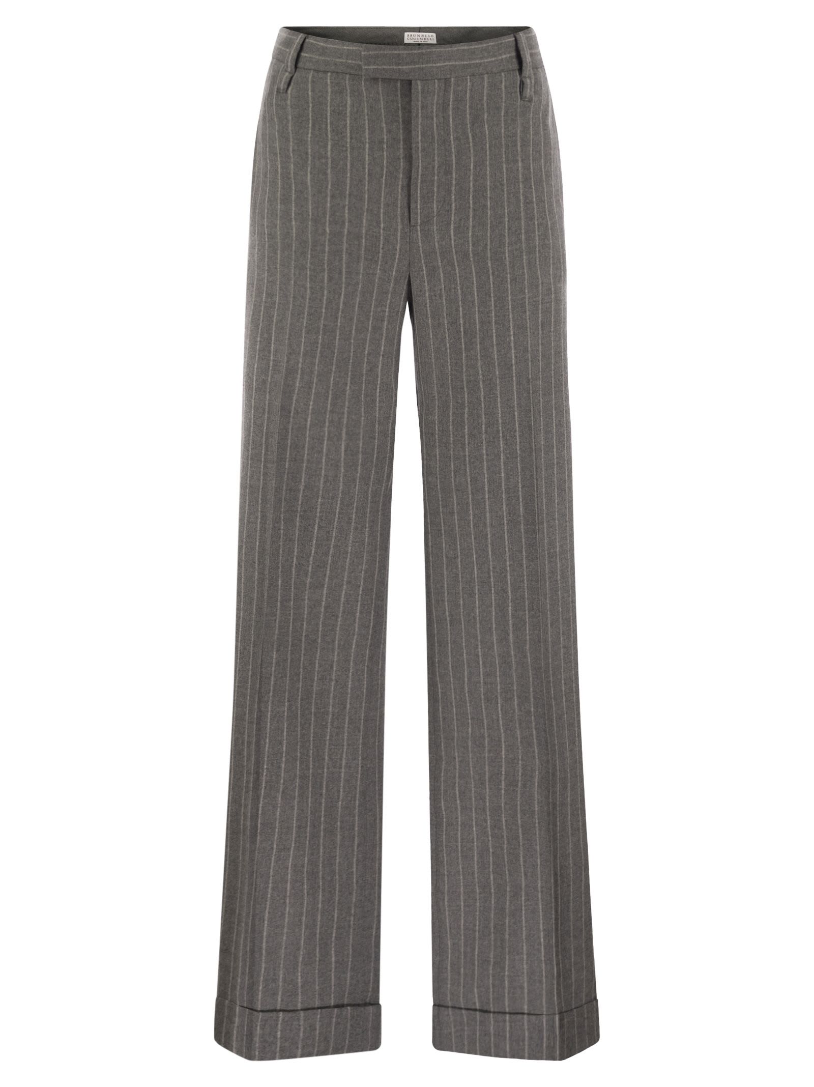 Brunello Cucinelli Loose Flared Trousers In Virgin Wool Mouliné Pinstripe With Beadwork In Grey