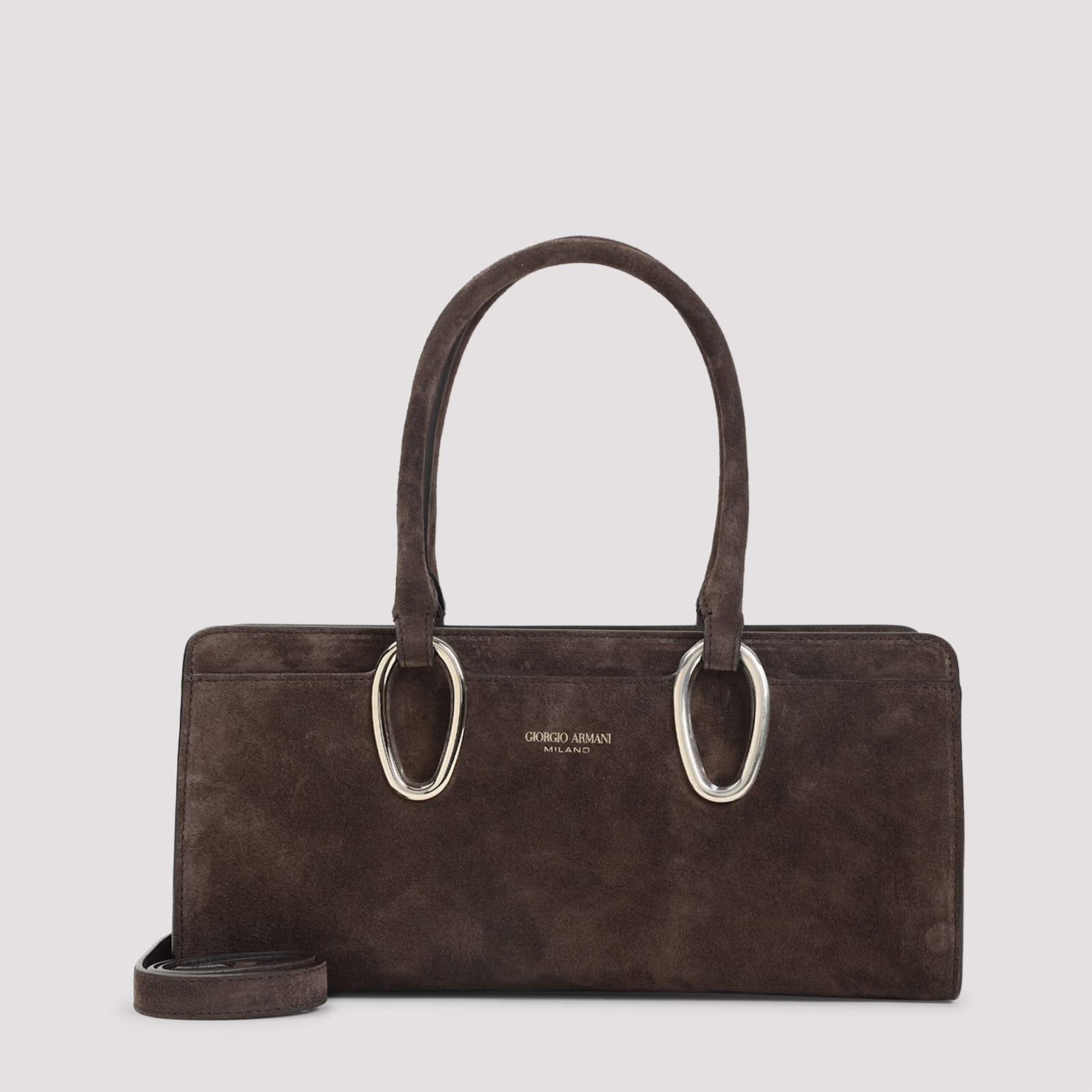Giorgio Armani Rectangular Suede Shoulder Bag With Metal Hardware In Brown