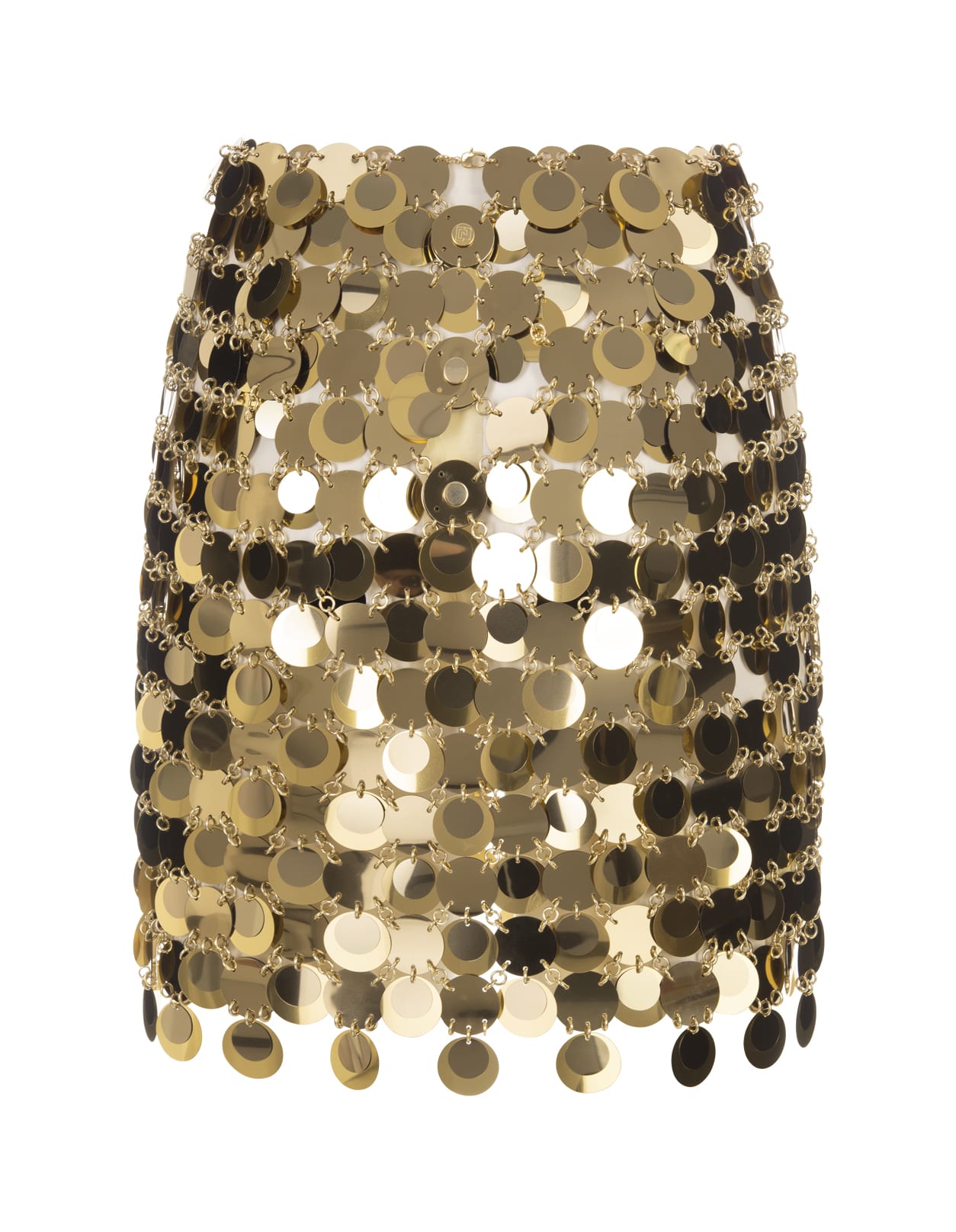 Shop Rabanne Mini Skirt With Golden Mirror Effect Discs