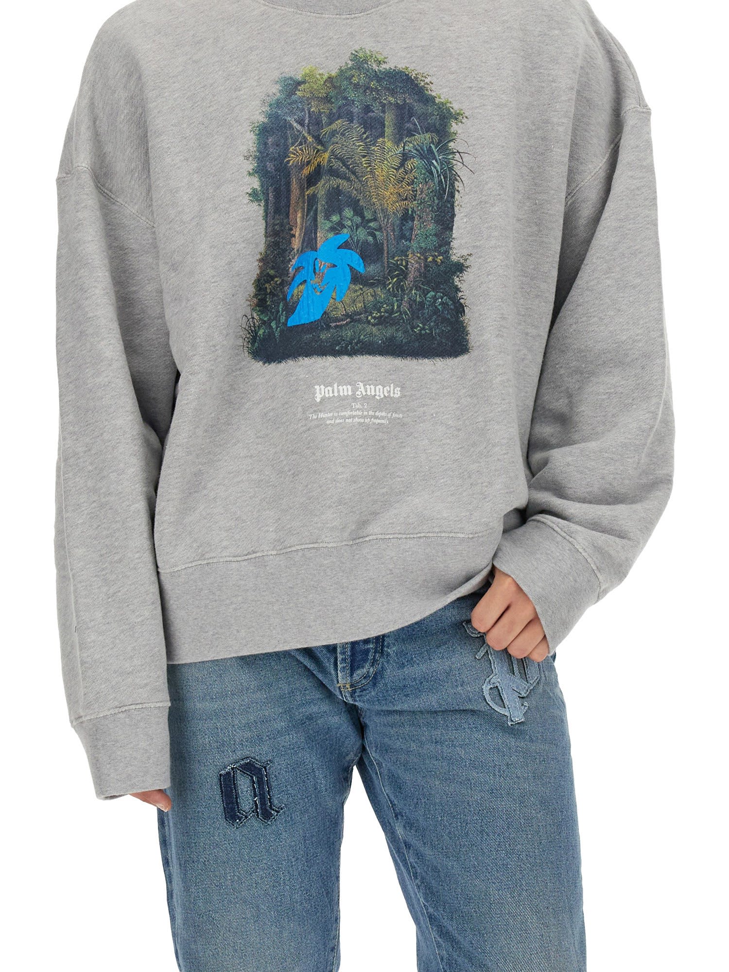 Palm Angels Hunting In The Forest Printed Cotton Sweatshirt In Grey