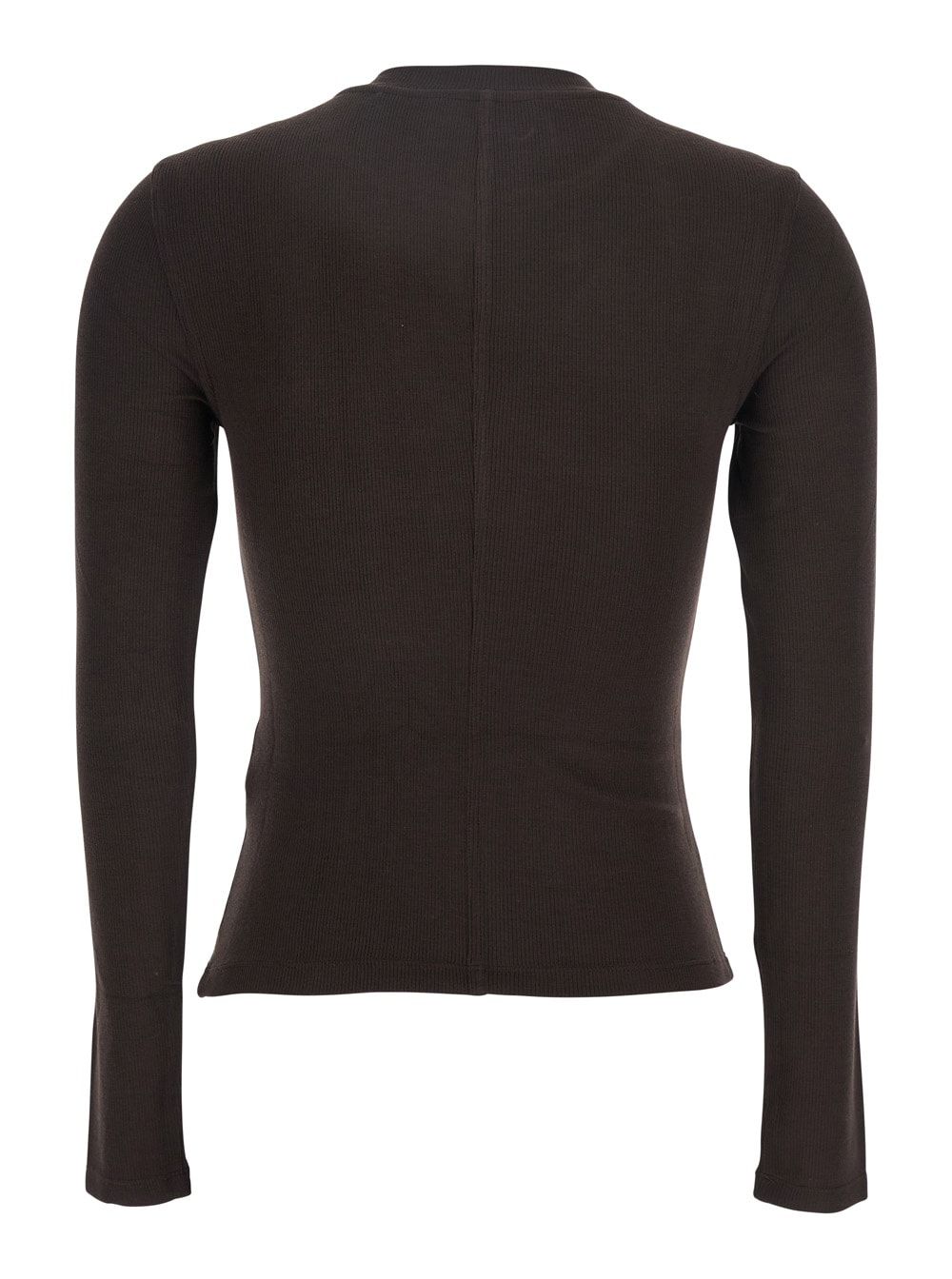Frame The L/s Rib Crew Brown Ribbed Knit Sweater In Tech Fabric Stretch Woman In Brown