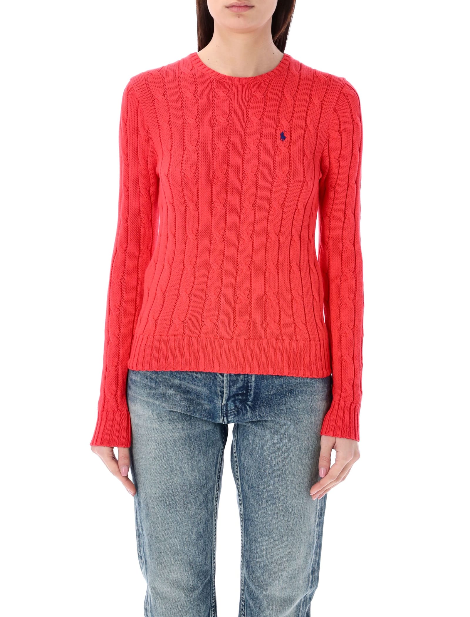 Shop Polo Ralph Lauren Cable-knit Cotton Crewneck Sweater In Ibiscus Red