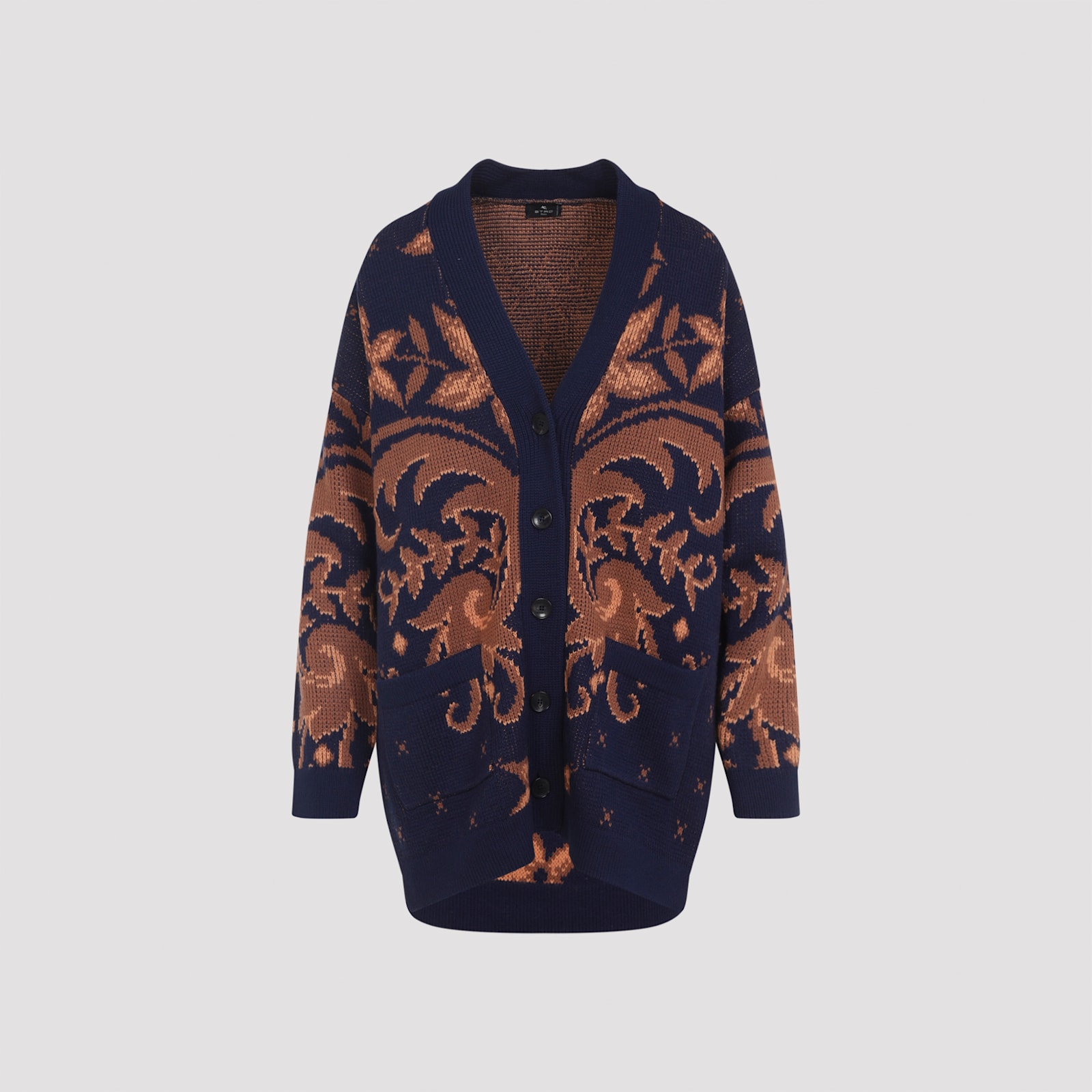 Etro Wool Jacquard V-neck Cardigan With Front Pockets In Blue