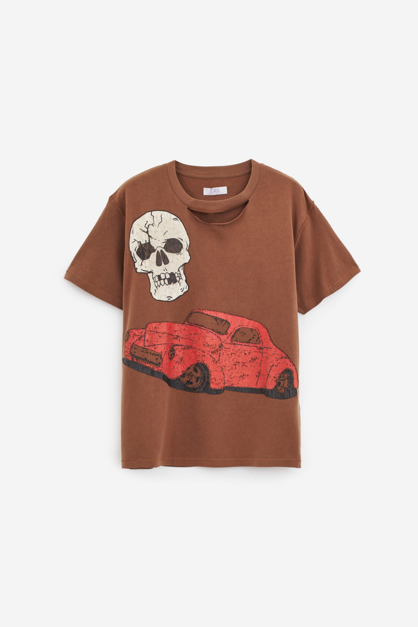 Shop Erl Ripped Collar Skull T-shirt In Brown
