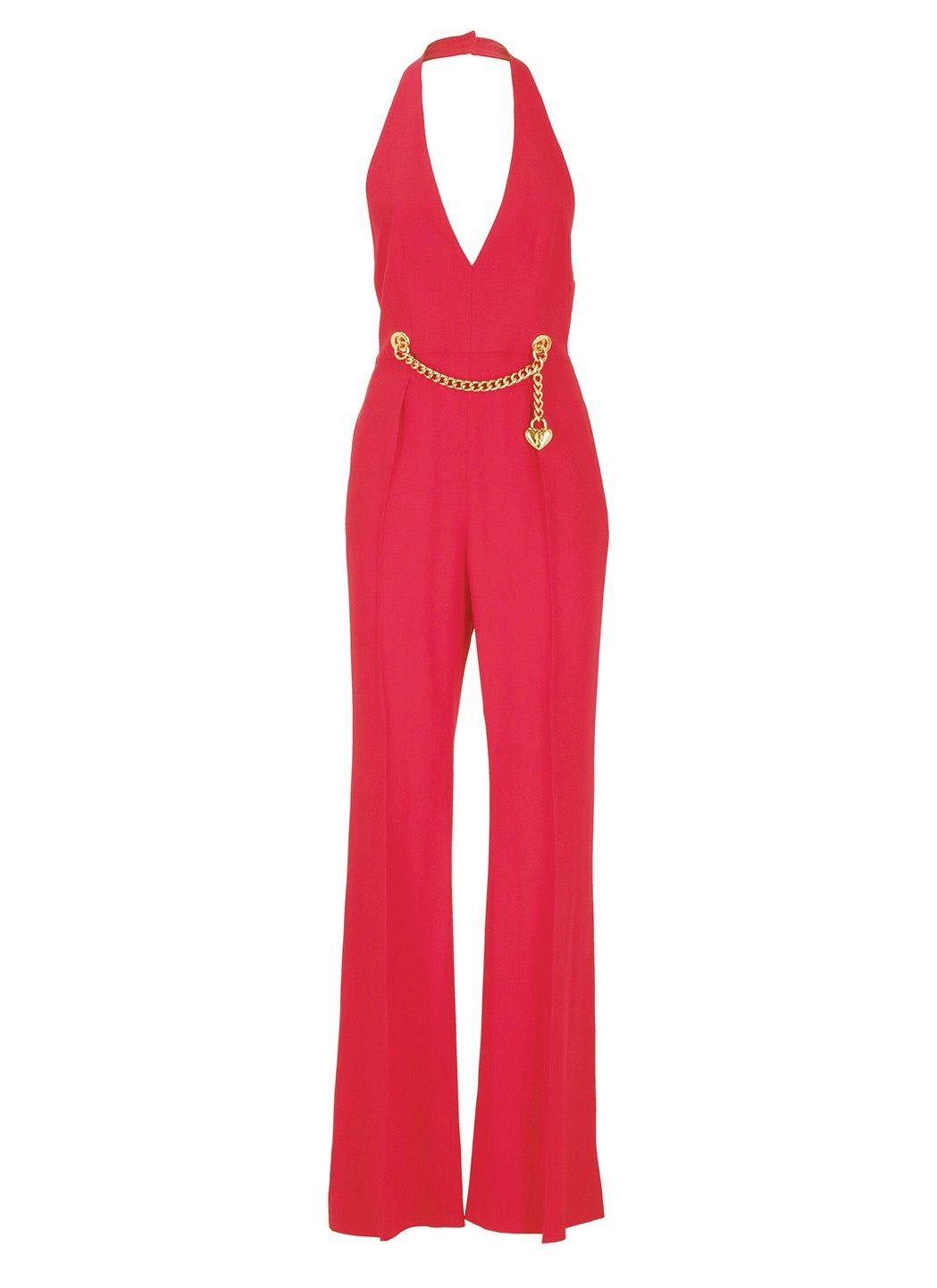 Shop Moschino Chain-embellished Open-back Haltrneck Jumpsuit  In Red