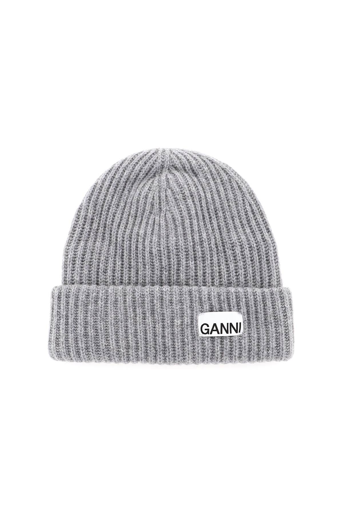 Ganni Beanie Hat With Logo Patch In Gold