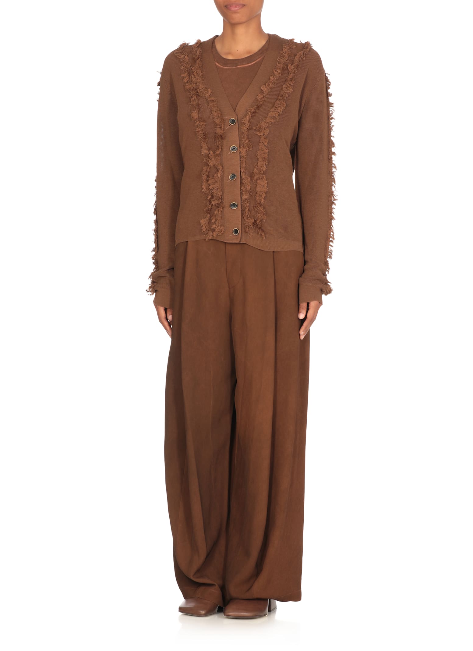 Uma Wang Fringe-detail V-neck Cotton Cardigan In Brown