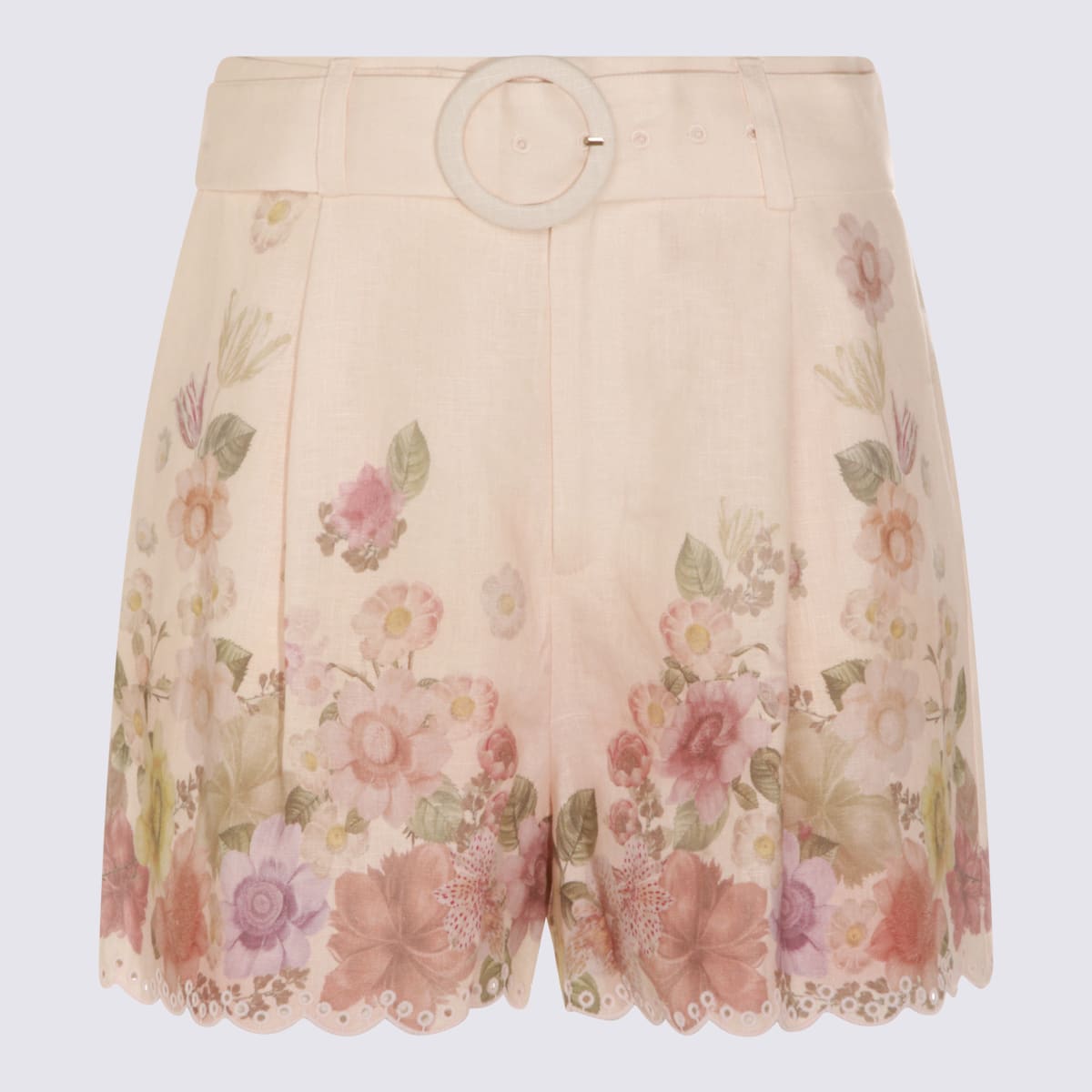 Twinset Beige Shorts With Floral Print And Waist Belt In Linen Woman In Neutral