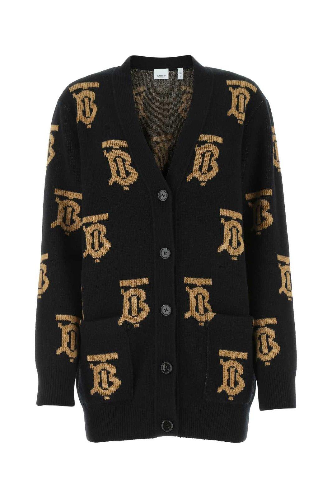 Burberry Monogram Motif Wool Jacquard Cardigan In Black