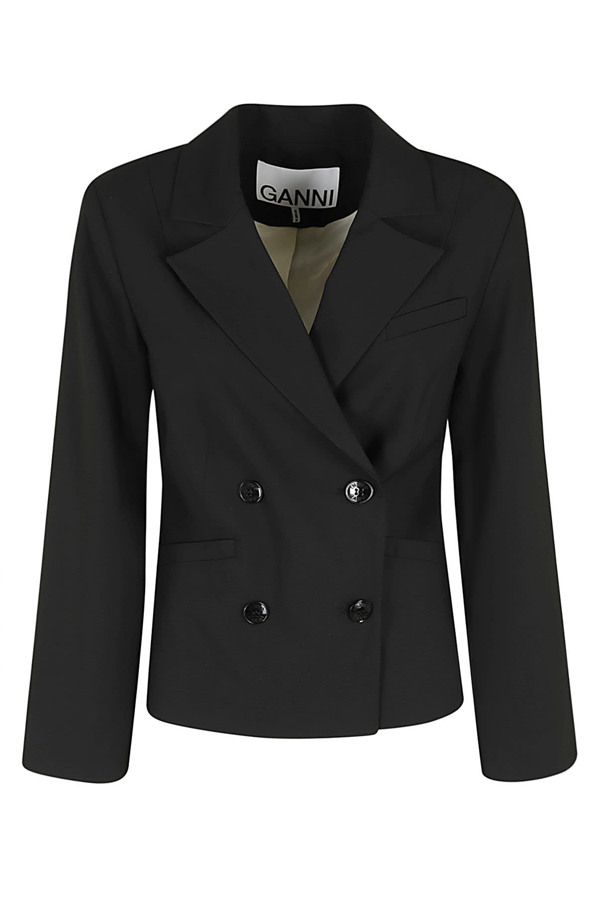 Ganni Drapey Melange Fitted Double Breasted Blazer In Black