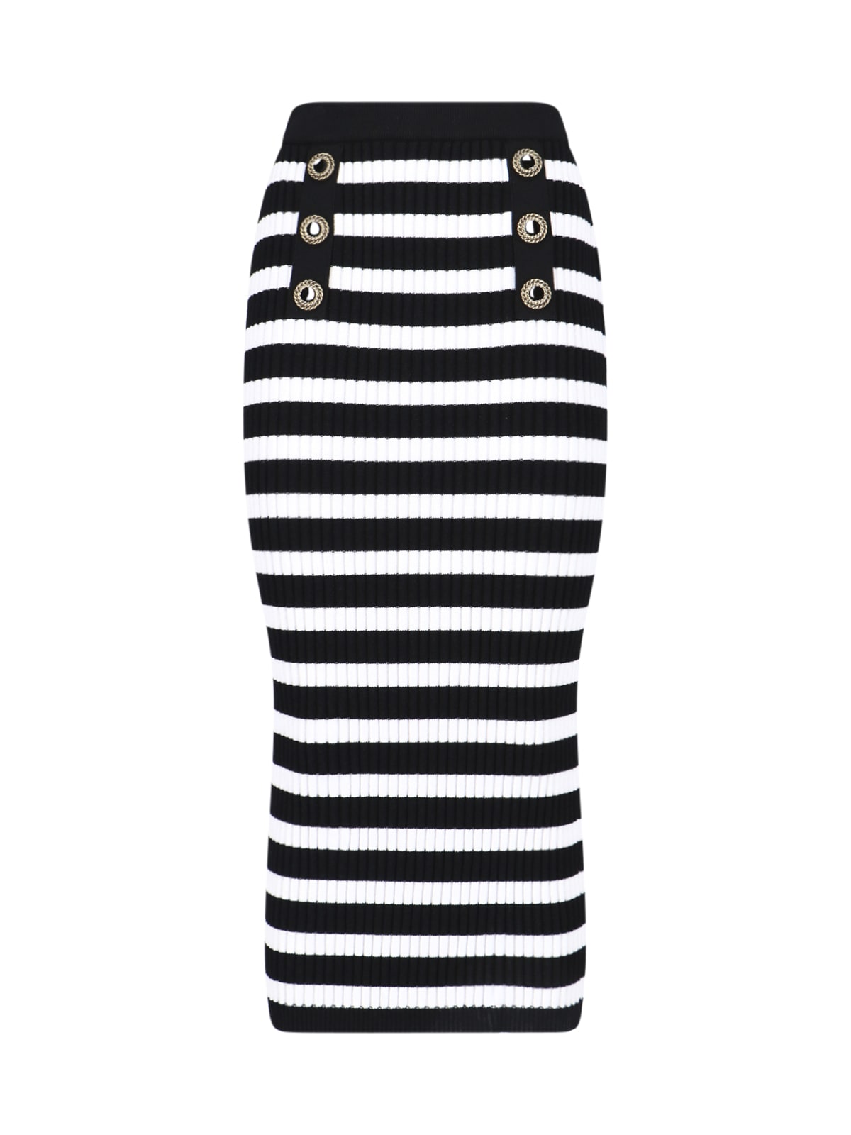 Balmain Stripe Button Detail Cotton Knit Skirt In Black