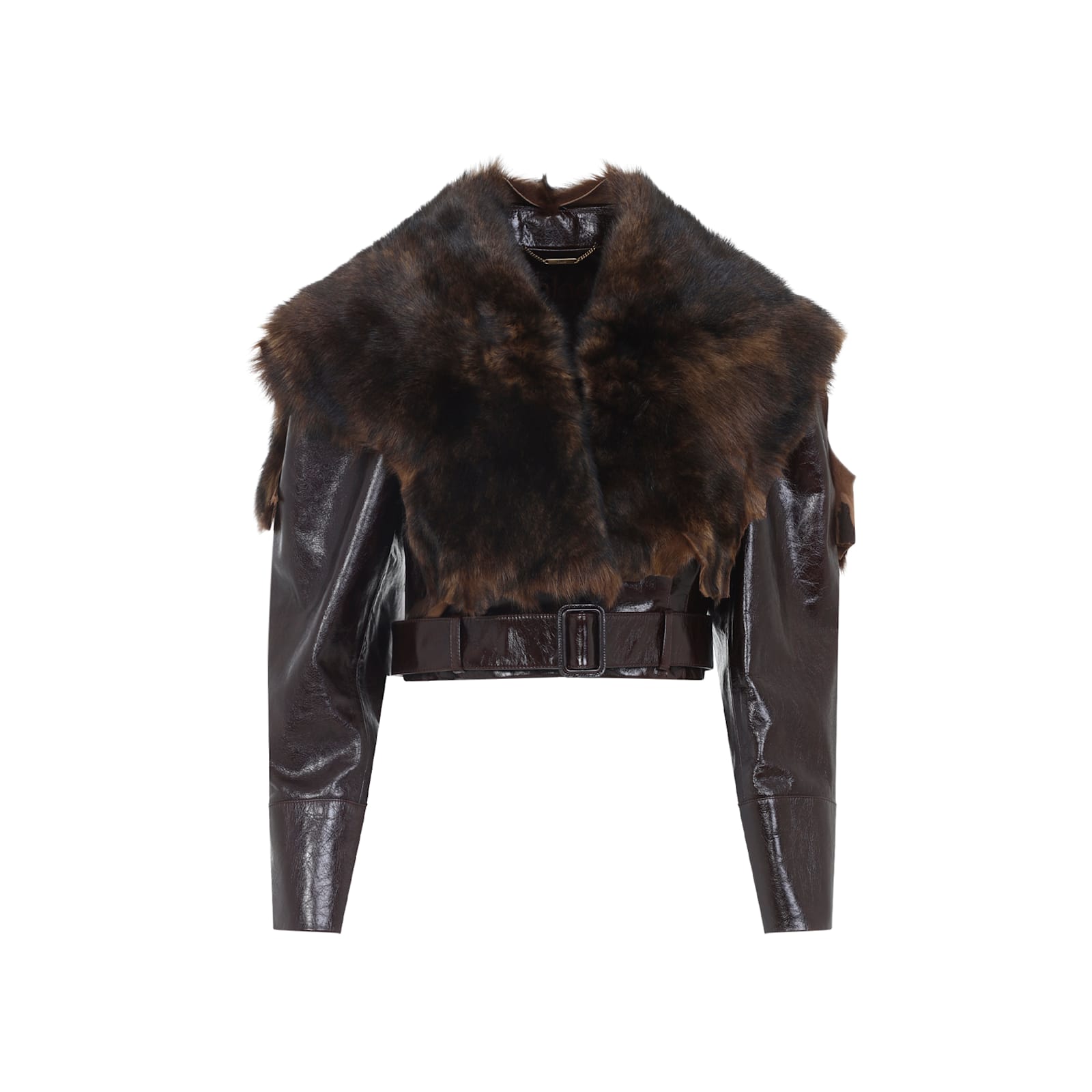 Chloé Shiny Leather Crop Moto Jacket With Removable Lamb Shearling Collar In Black
