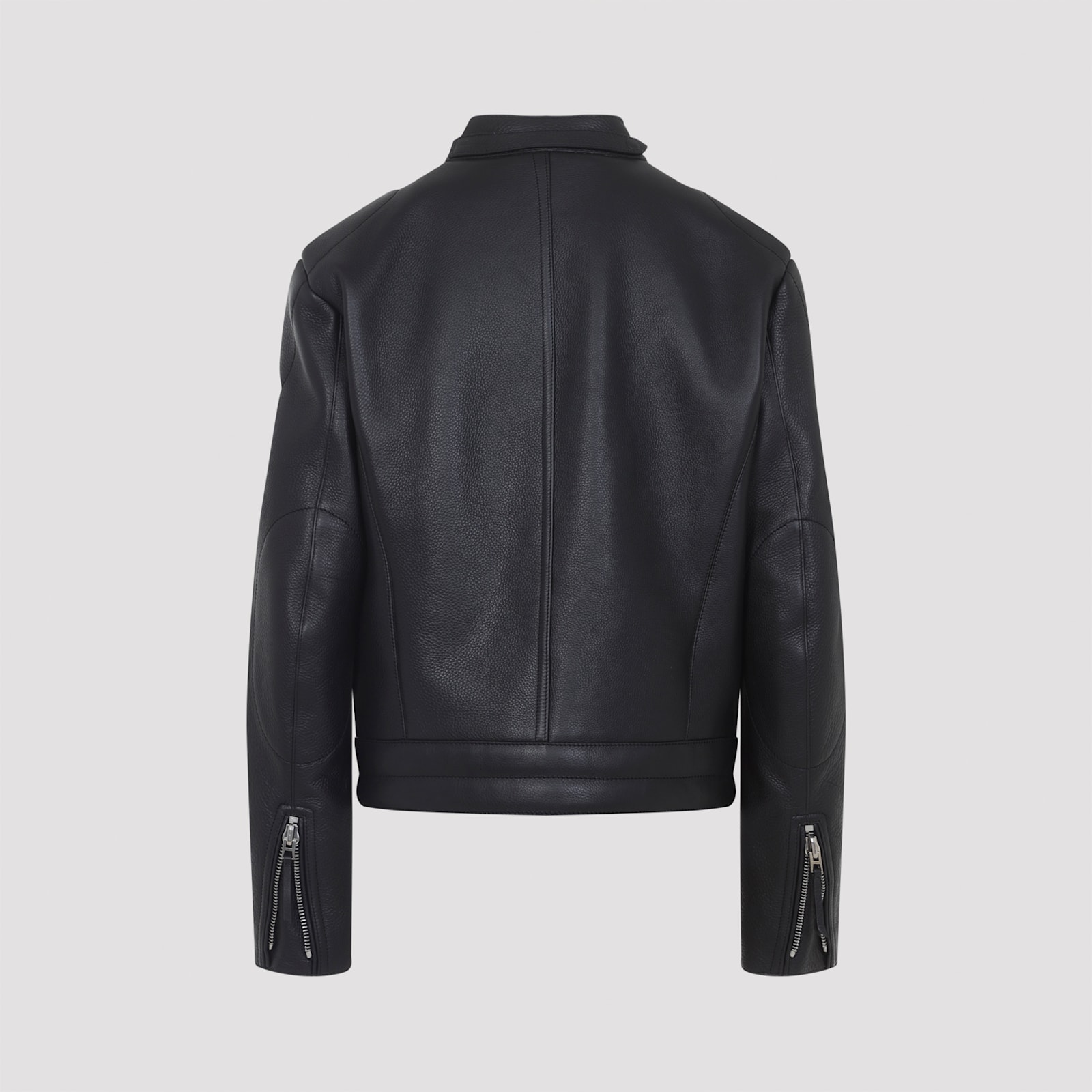 Tom Ford Fitted Black Leather Jacket With Stand Collar And Zippered Cuffs In Blue