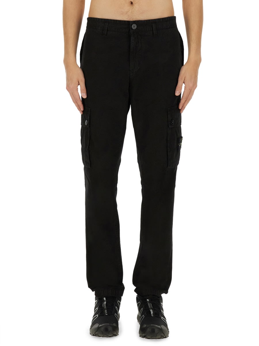 Stone Island Black Slim Cargo Pants With Elasticated Waist And Logo Patch In Stretch Cotton Man In Black