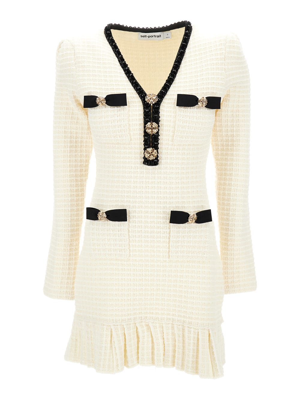 Shop Self-portrait Mini White Dress With Jewel Buttons And Beads In Tweed Woman In Beige