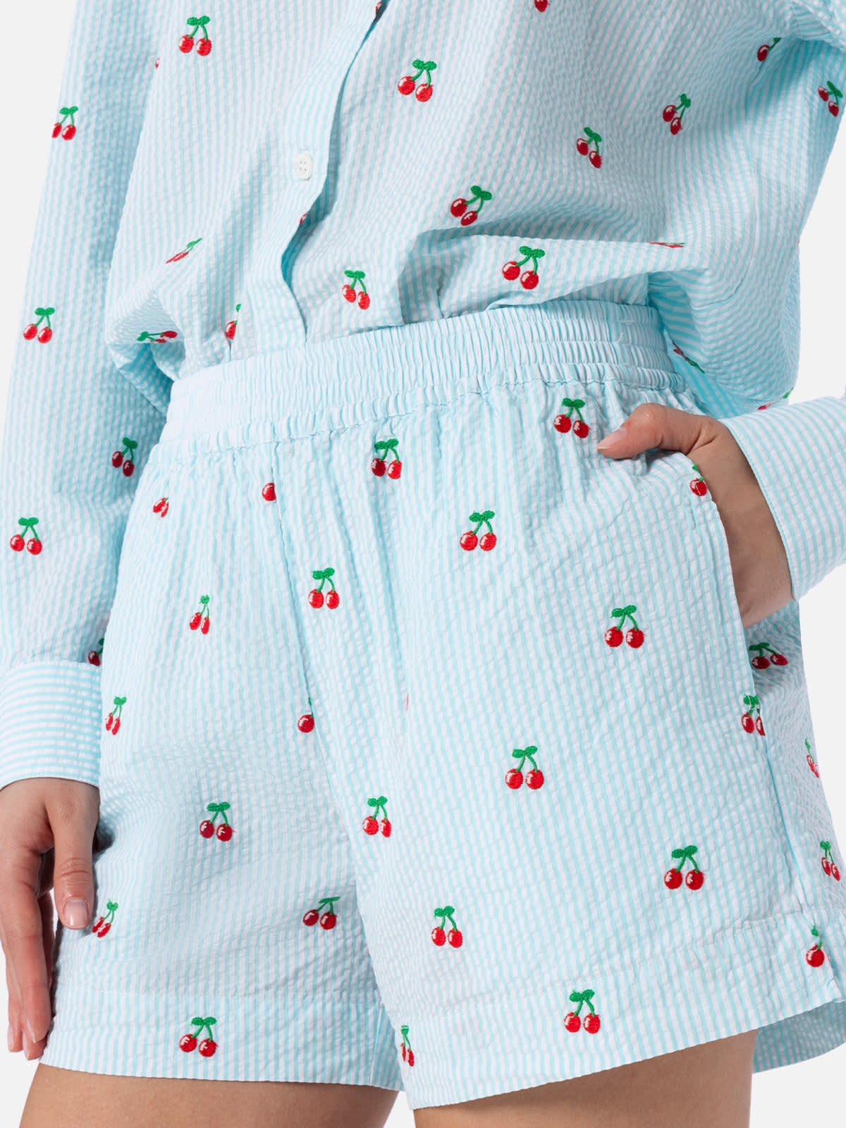 Mc2 Saint Barth Woman Seersucker Striped Pull Up Shorts Meave With Cherry Patches In Green