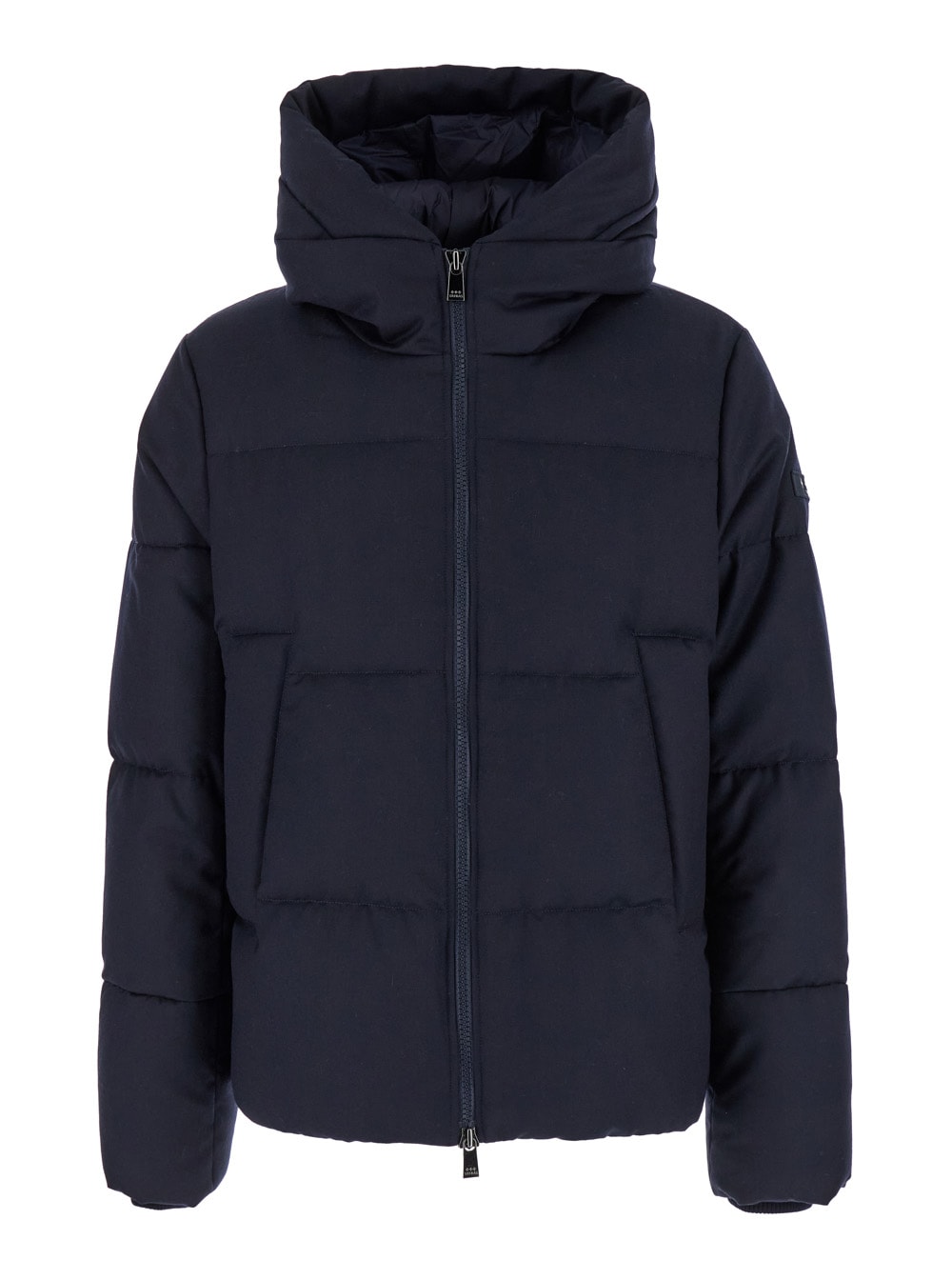 antoldo Blue Down Jacket With Hood And Logo Patch In Wool Man